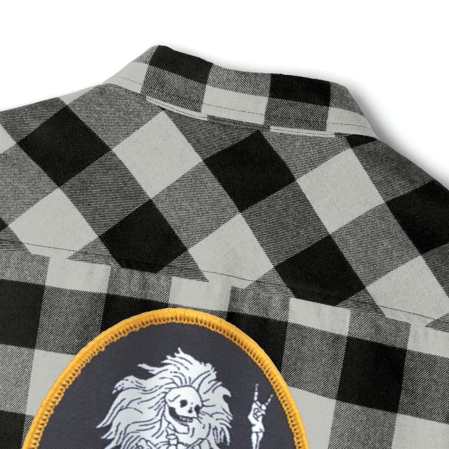Dead Head inspired flannel shirt with bolt on front pocket and Garcia Rosebud on back, rock n roll classic