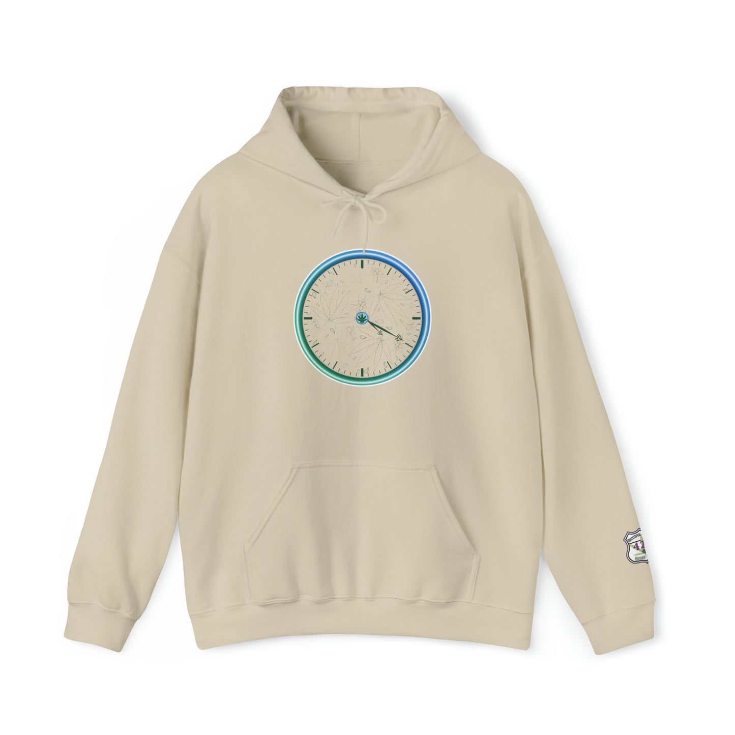 420 clock hoodie- cannabis couture neon 420 clock, print on front and left sleeve- 420 stoner sweatshirt marijuana high end stoner apparel