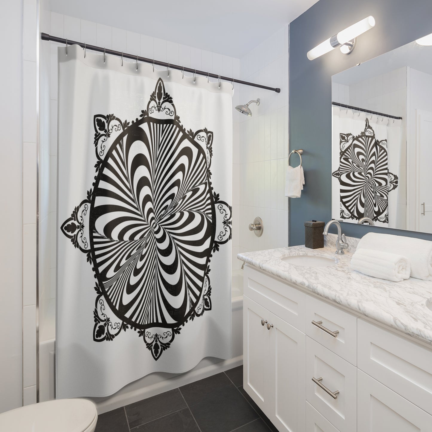 Psychedelic black and white trippy mandala Shower Curtain boho chic eclectic trippy bathrooms decor