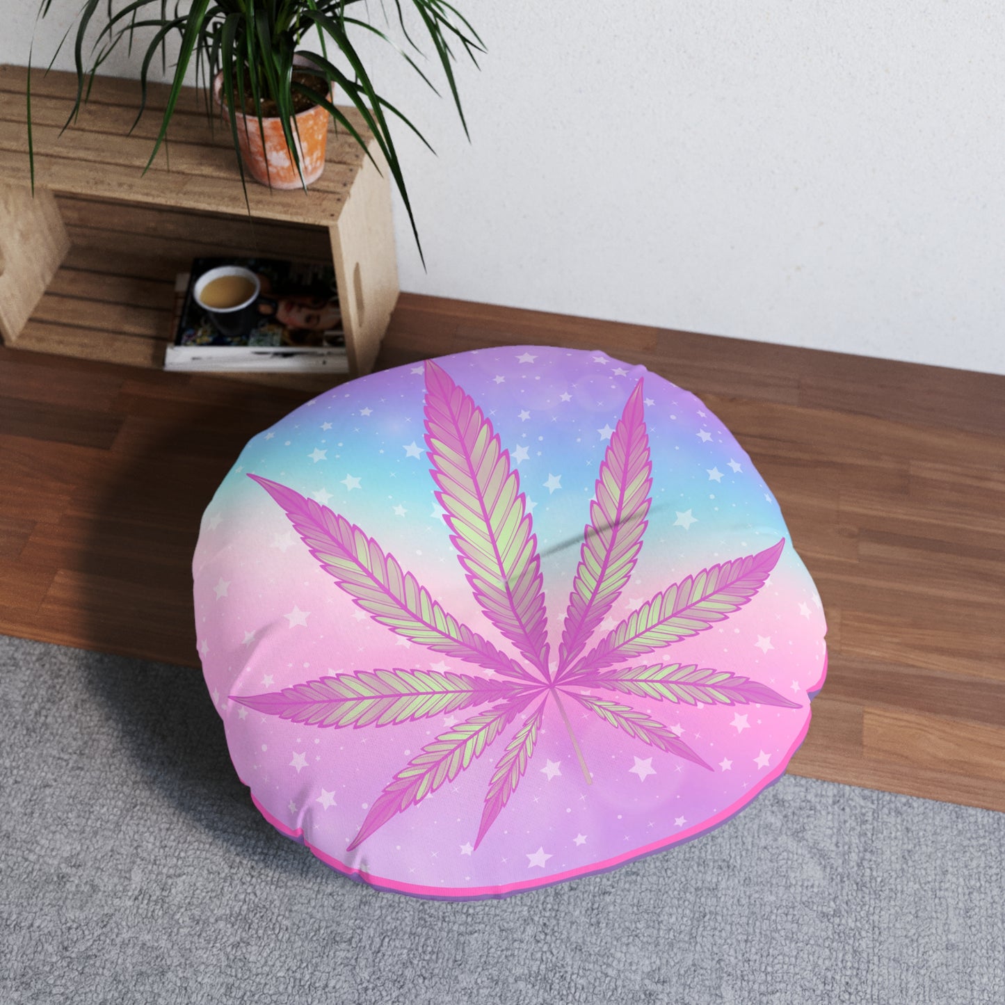 Cannabis 420 stars candycore decor tufted round floor pillow, high end stoner interior design