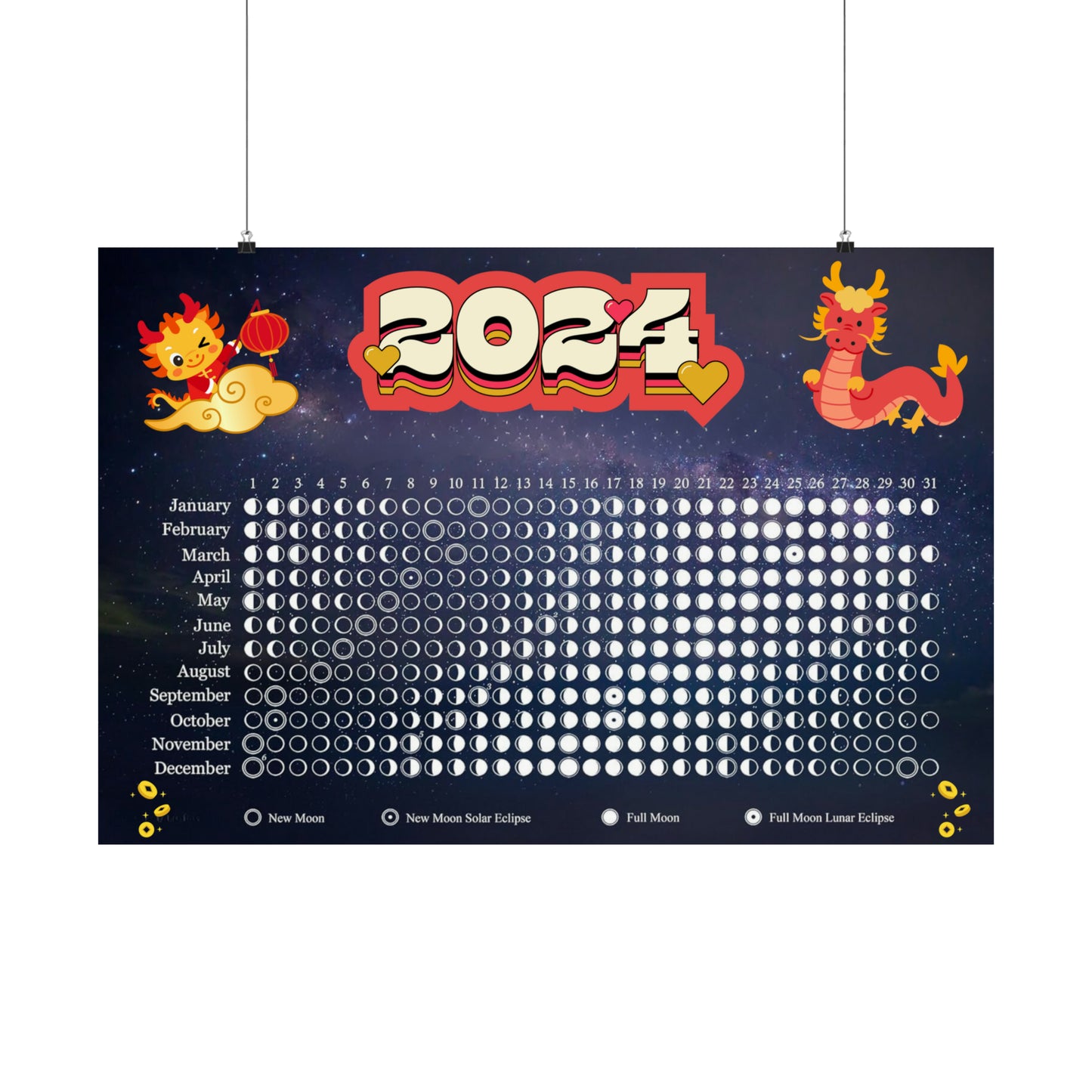 Year of the Dragon lunar moon phase calendar poster Kawaii style celestial wall art astrology retro decor