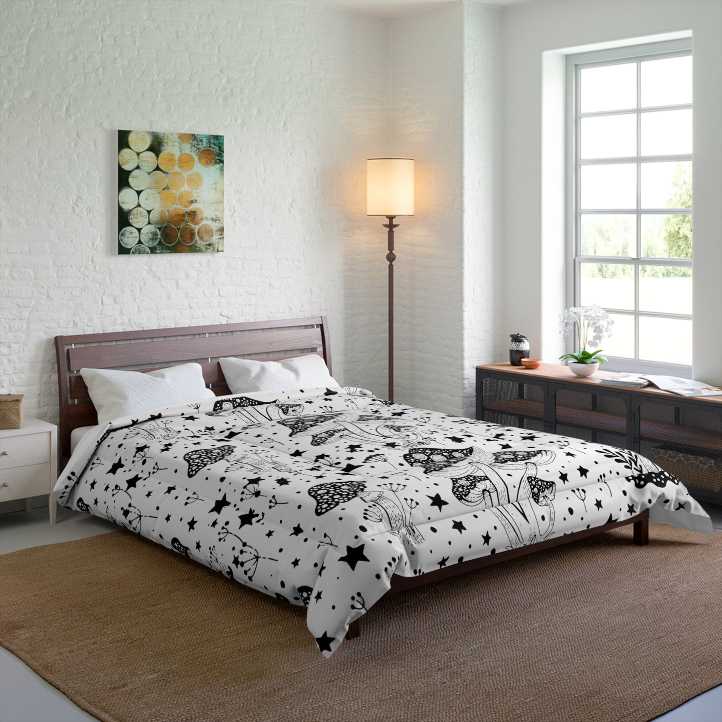 Mushroom comforter fungi bedroom decor black and white magic mushroom bedspread in 3 sizes