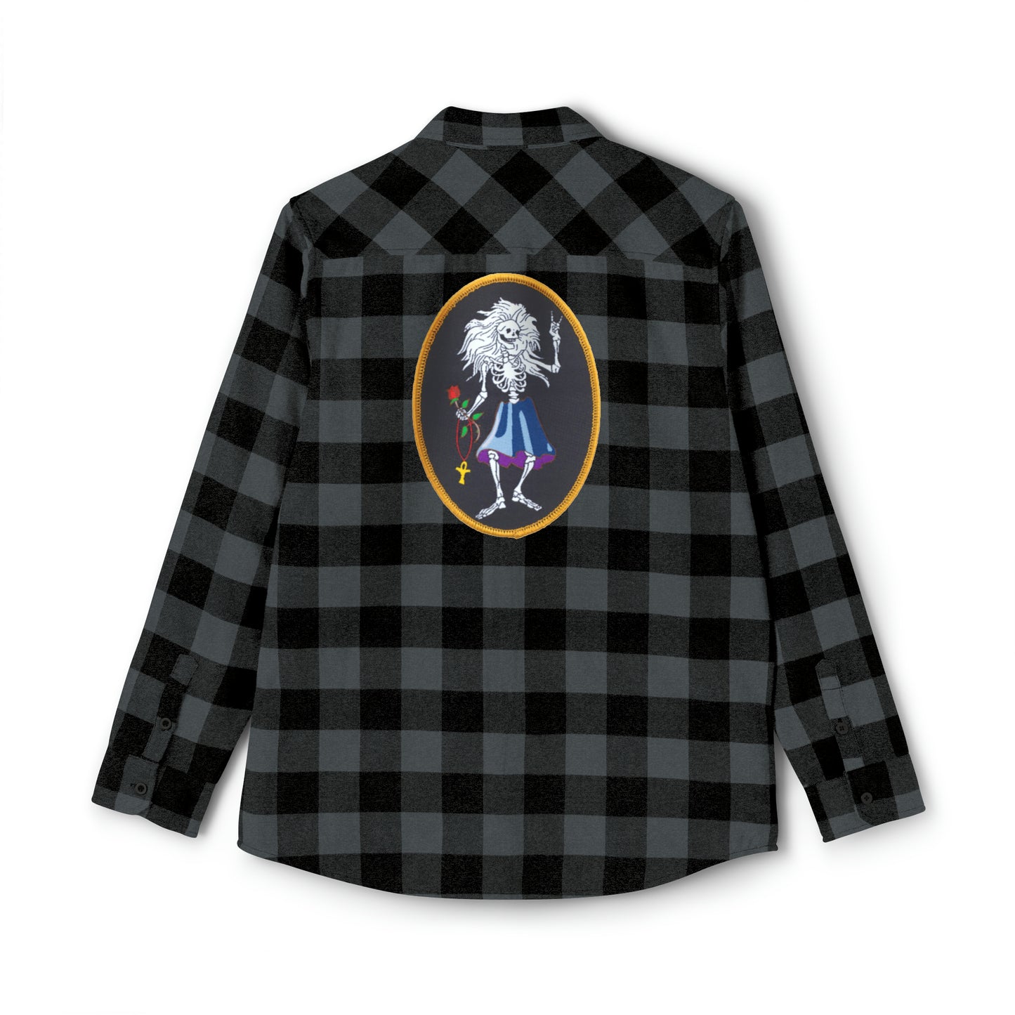 Dead Head inspired flannel shirt with bolt on front pocket and Garcia Rosebud on back, rock n roll classic