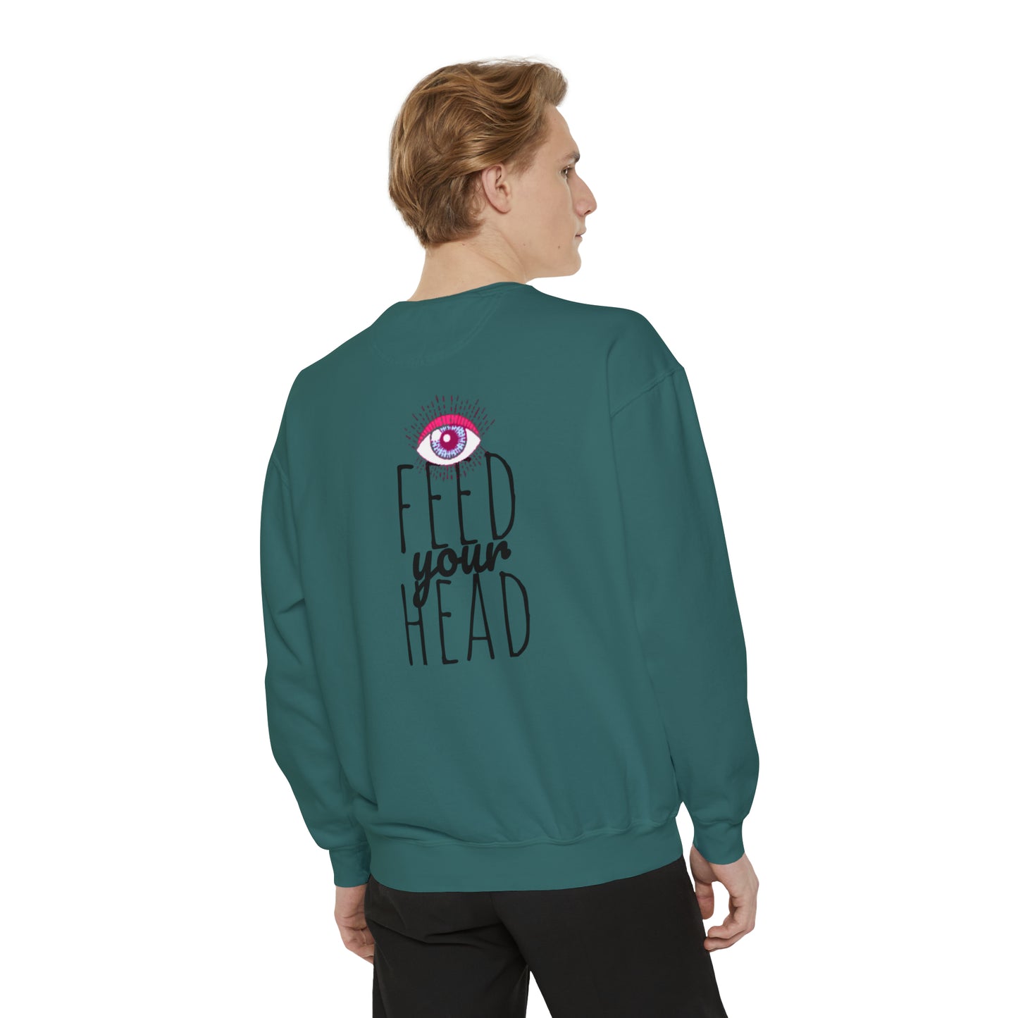 Magic mushroom psychedelic Unisex Garment-Dyed Sweatshirt cotton blend Feed your head song lyric quote on back - long sleeved trendy colors.
