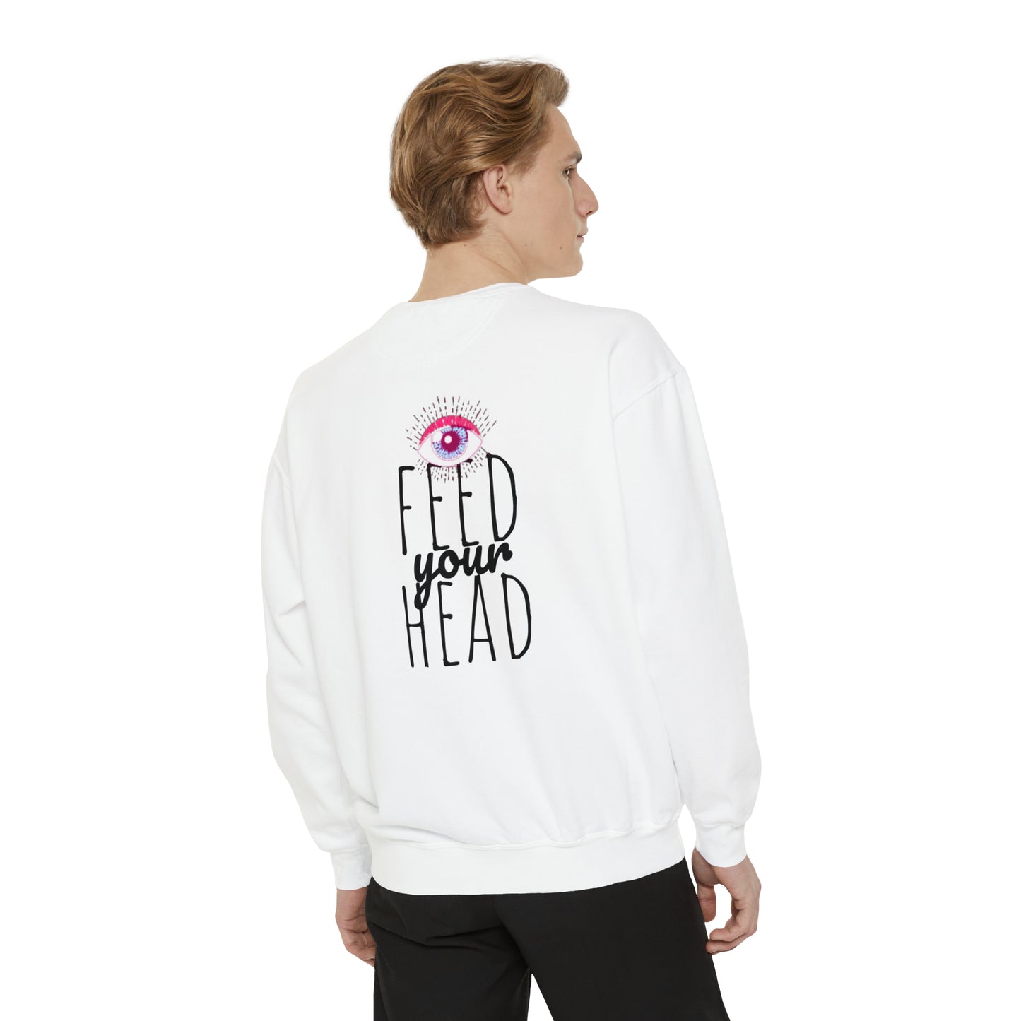 Magic mushroom psychedelic Unisex Garment-Dyed Sweatshirt cotton blend Feed your head song lyric quote on back - long sleeved trendy colors.