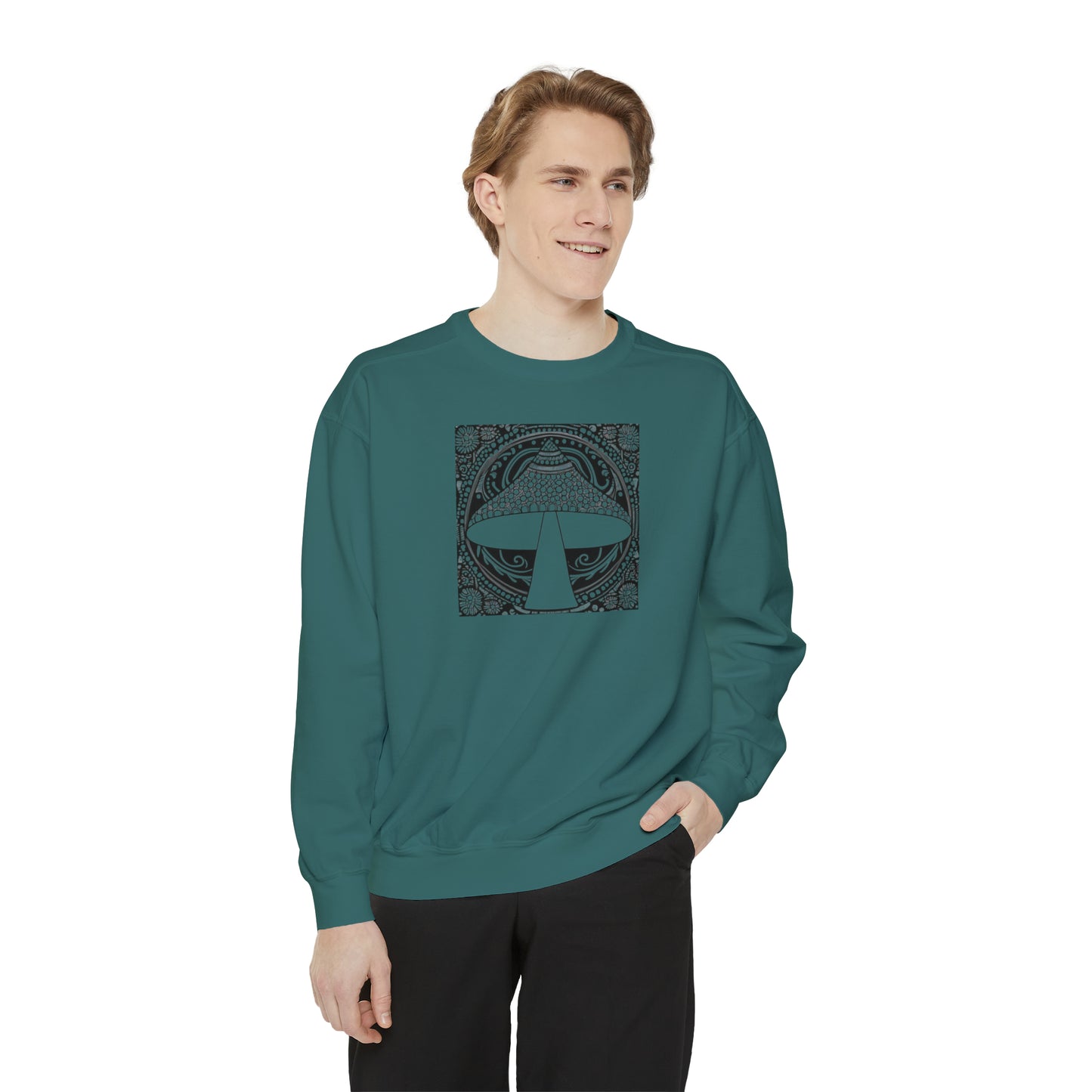 Magic mushroom psychedelic Unisex Garment-Dyed Sweatshirt cotton blend Feed your head song lyric quote on back - long sleeved trendy colors.