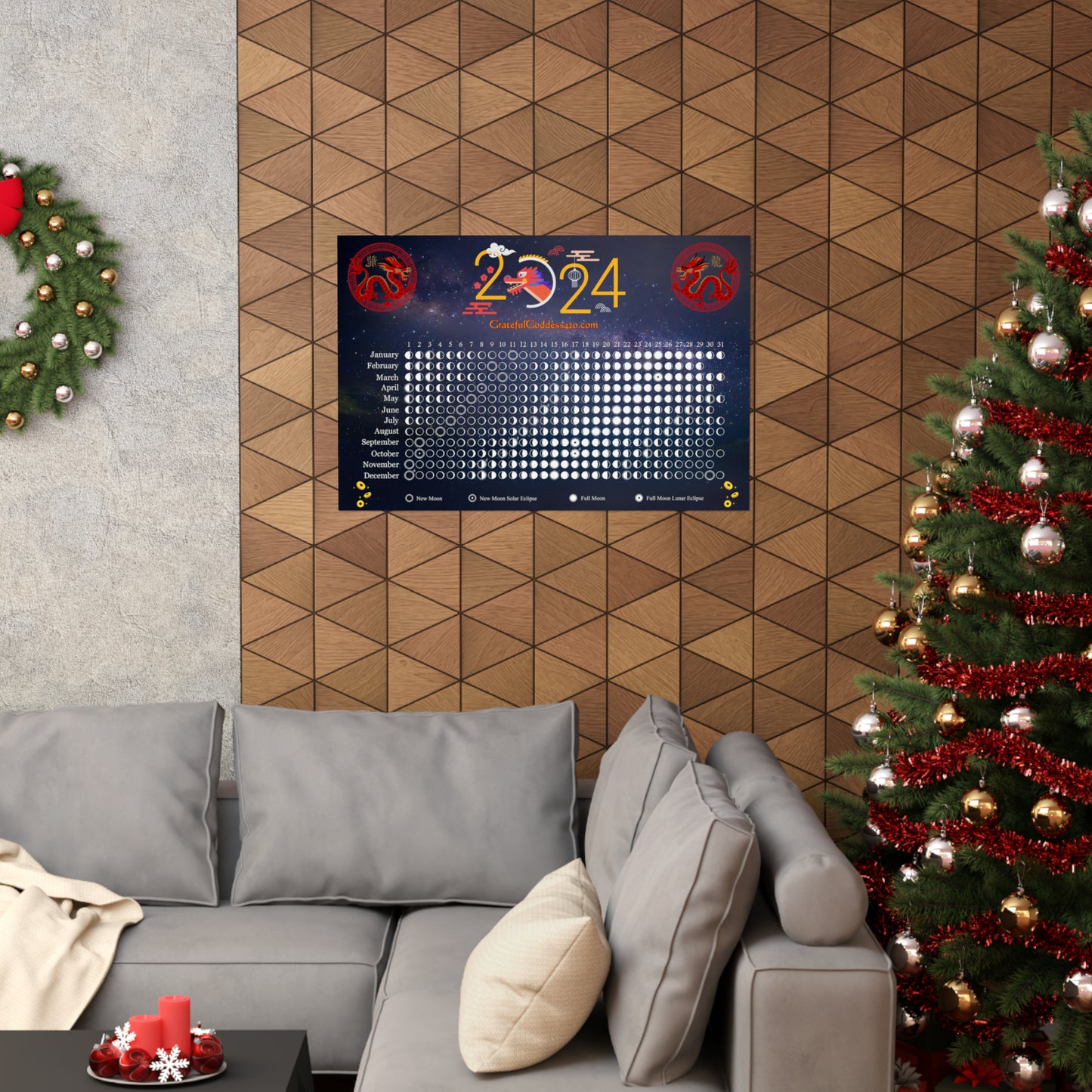 Moon phase lunar calendar wood dragon matte horizontal poster Chinese year of the Dragon lunar calendar