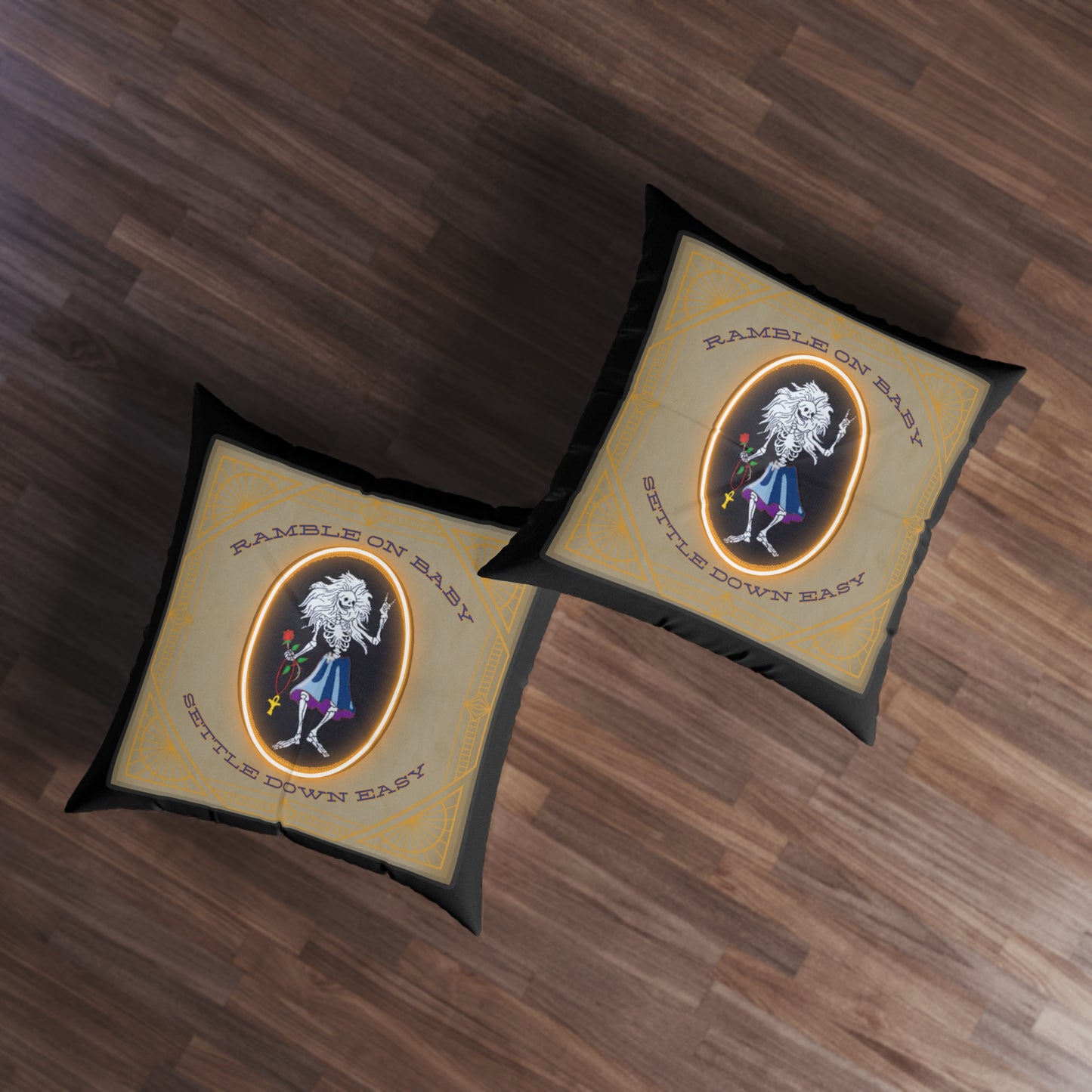 Grateful Dead song lyrics Ramble on Rose Rosebud square tufted floor pillow, dead head home decor