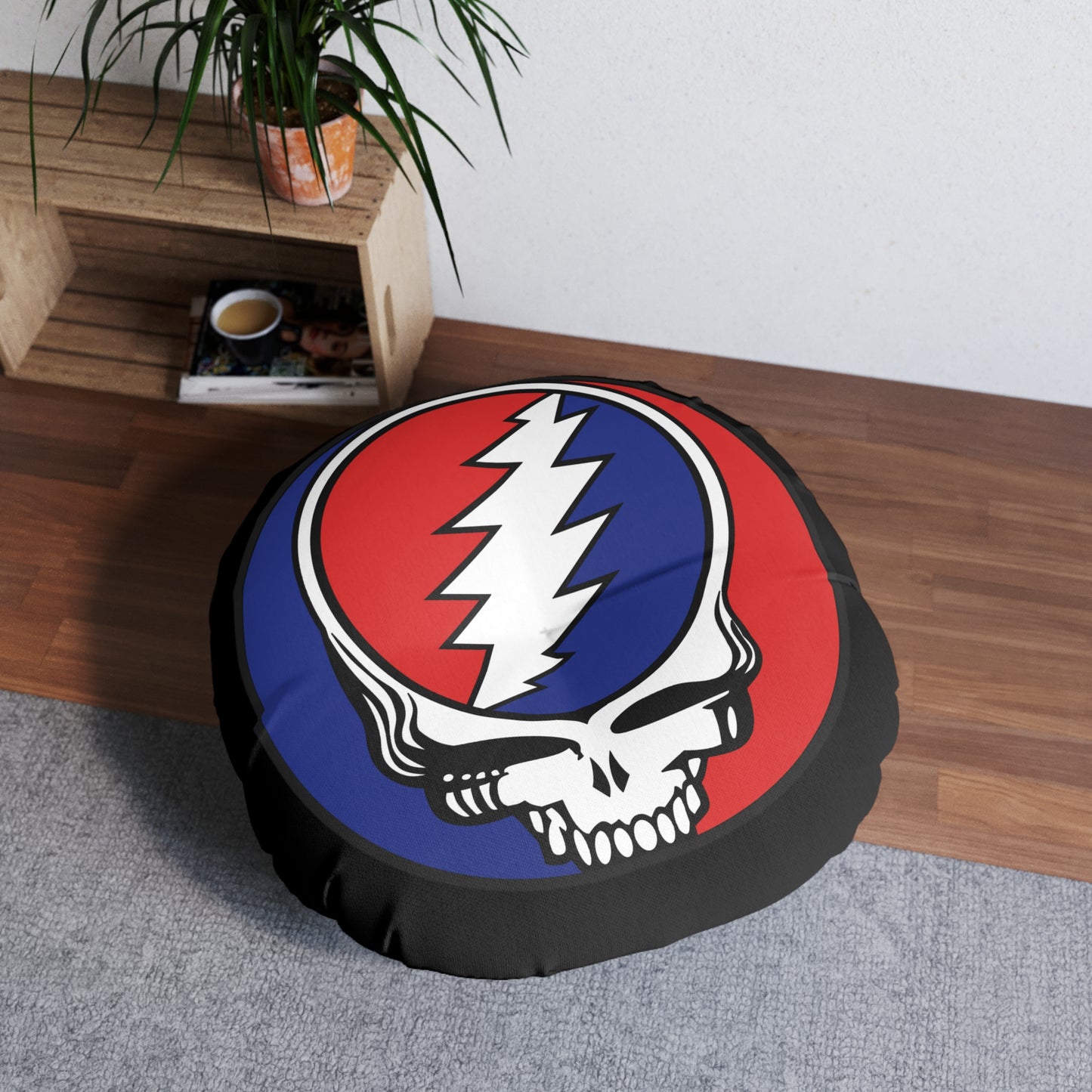 Classic Grateful Dead steal your face stealie home decor tufted round floor pillow, dead head decor