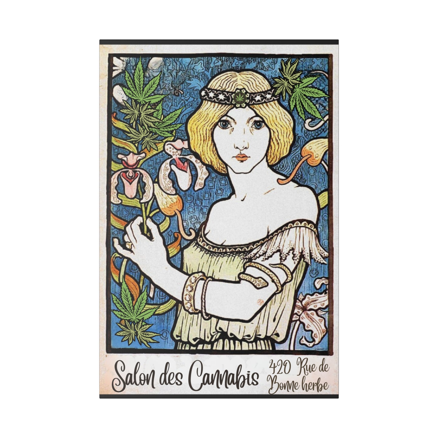 Vintage French Art nouveau 420 cannabis goddess matte stretched canvas dispensary lounge art