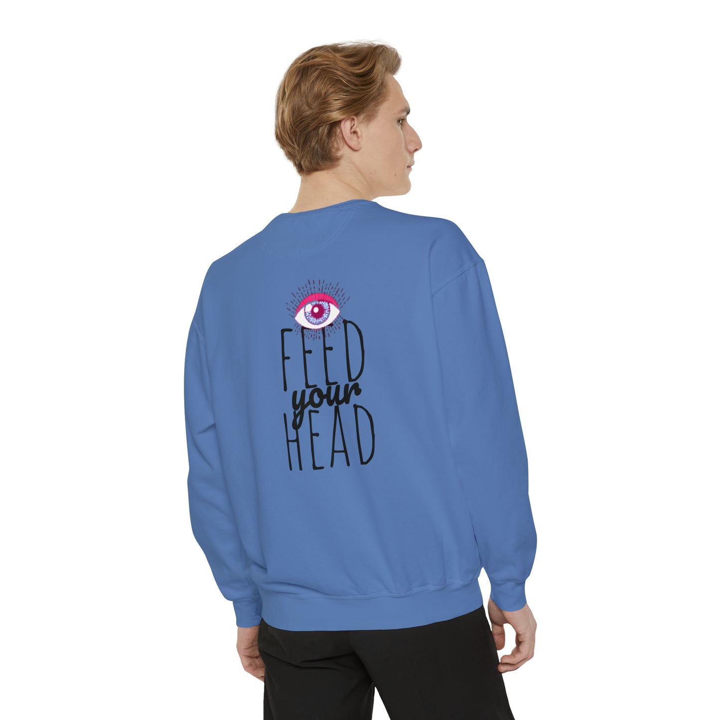 Magic mushroom psychedelic Unisex Garment-Dyed Sweatshirt cotton blend Feed your head song lyric quote on back - long sleeved trendy colors.