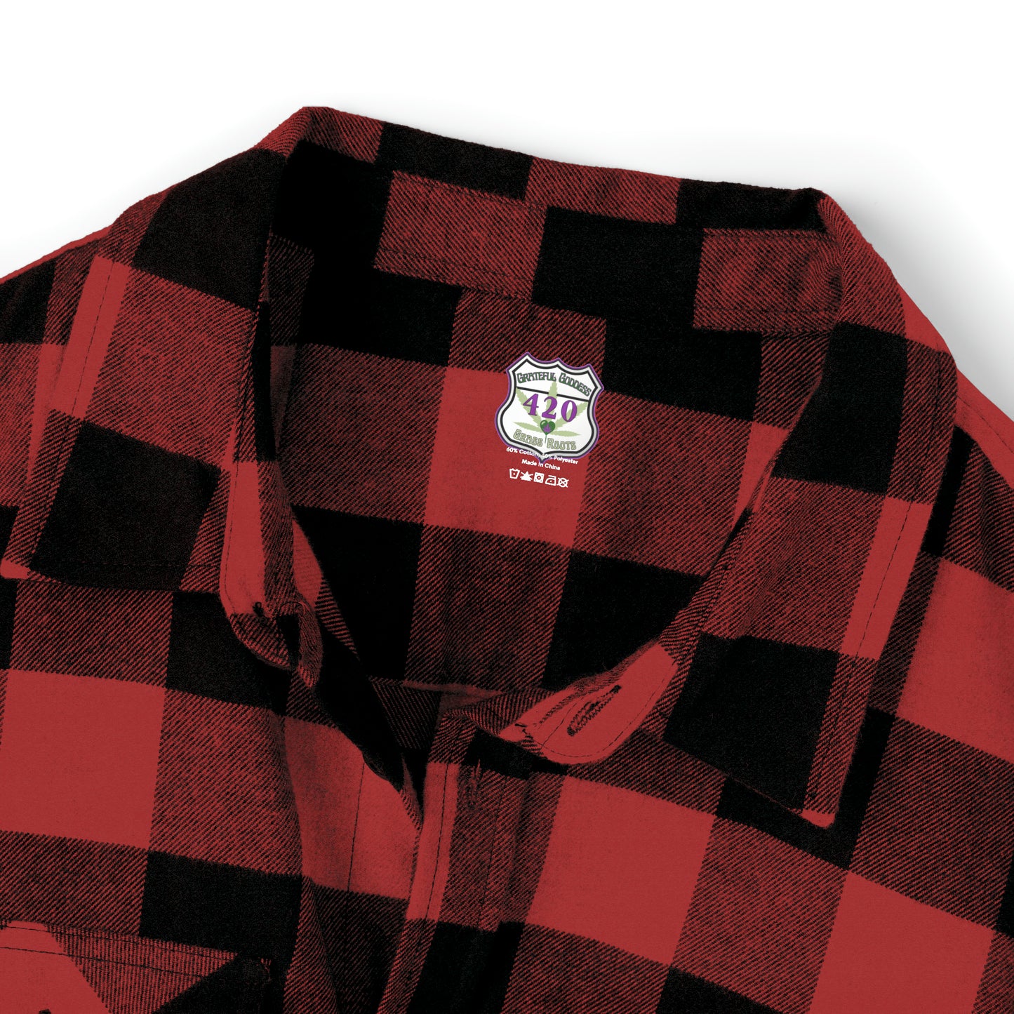 Dead Head inspired flannel shirt with bolt on front pocket and Garcia Rosebud on back, rock n roll classic