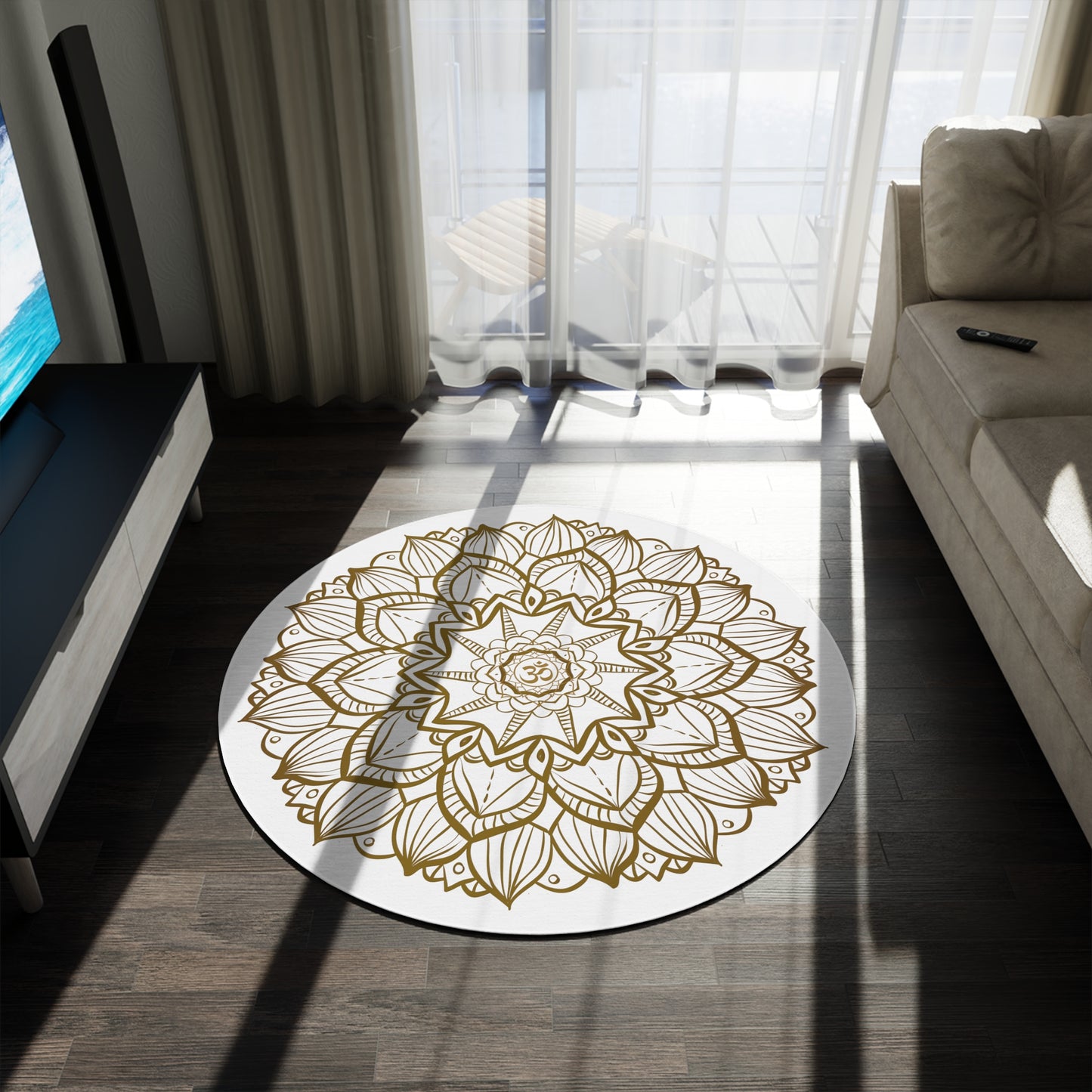 Mandala OM round boho rug - brown lotus on white rug - eclectic style, sacred geometry home decor