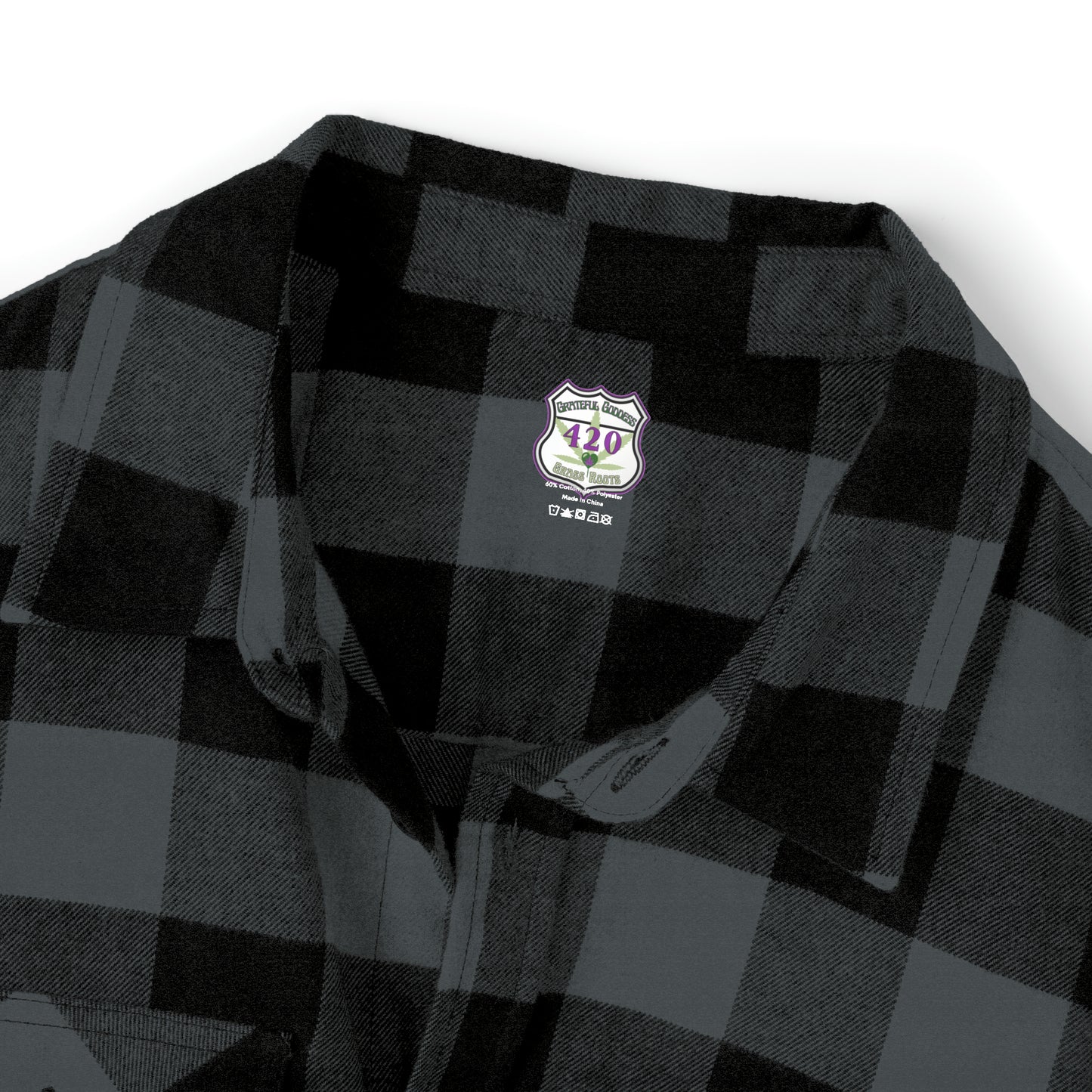 Dead Head inspired flannel shirt with bolt on front pocket and Garcia Rosebud on back, rock n roll classic
