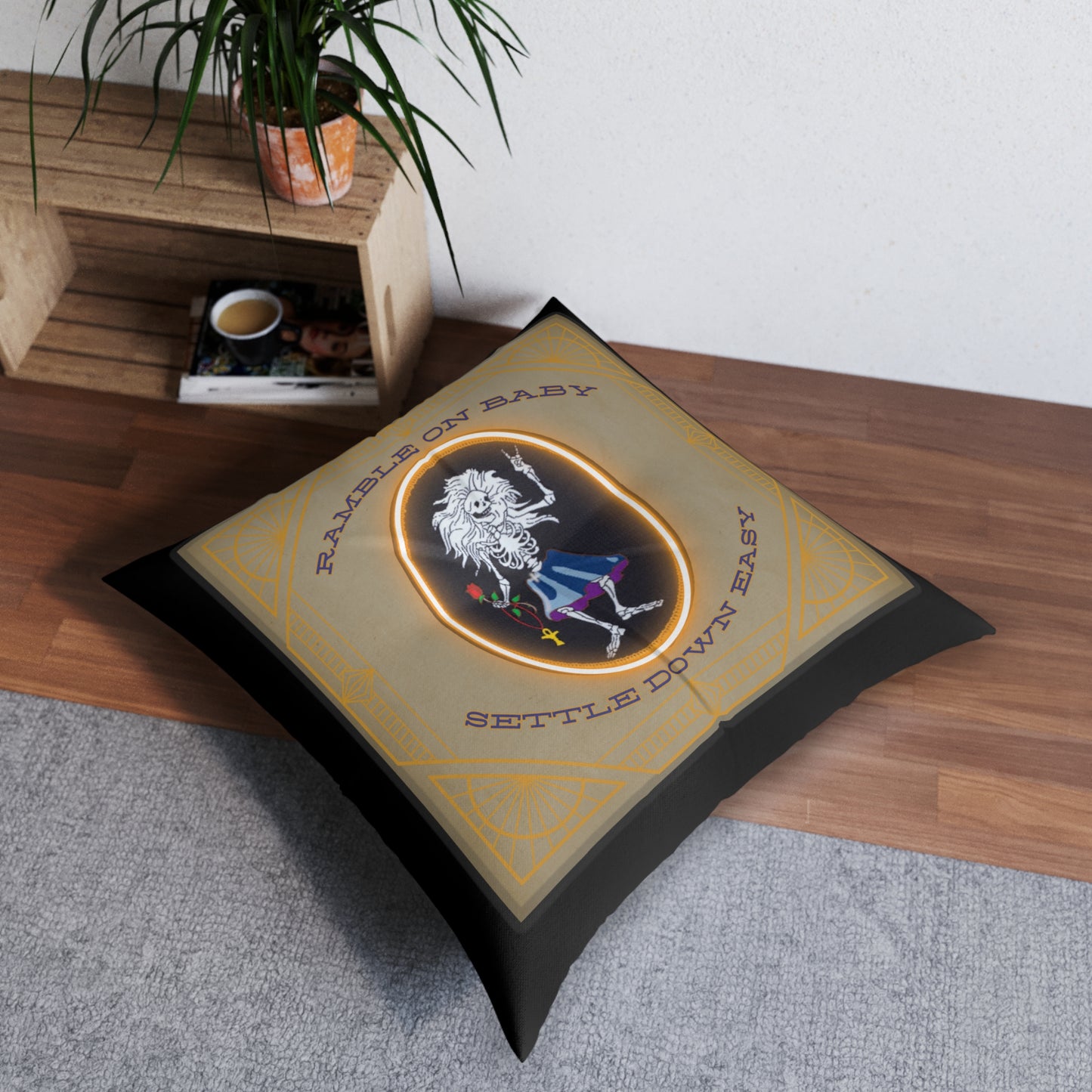 Grateful Dead song lyrics Ramble on Rose Rosebud square tufted floor pillow, dead head home decor