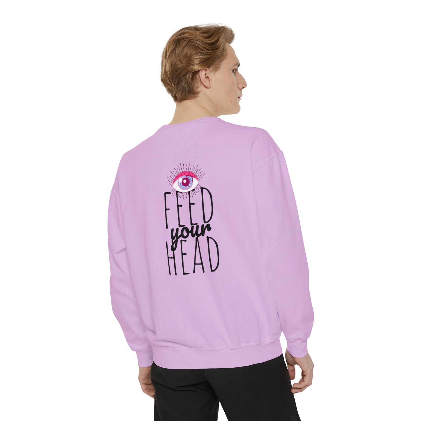 Magic mushroom psychedelic Unisex Garment-Dyed Sweatshirt cotton blend Feed your head song lyric quote on back - long sleeved trendy colors.