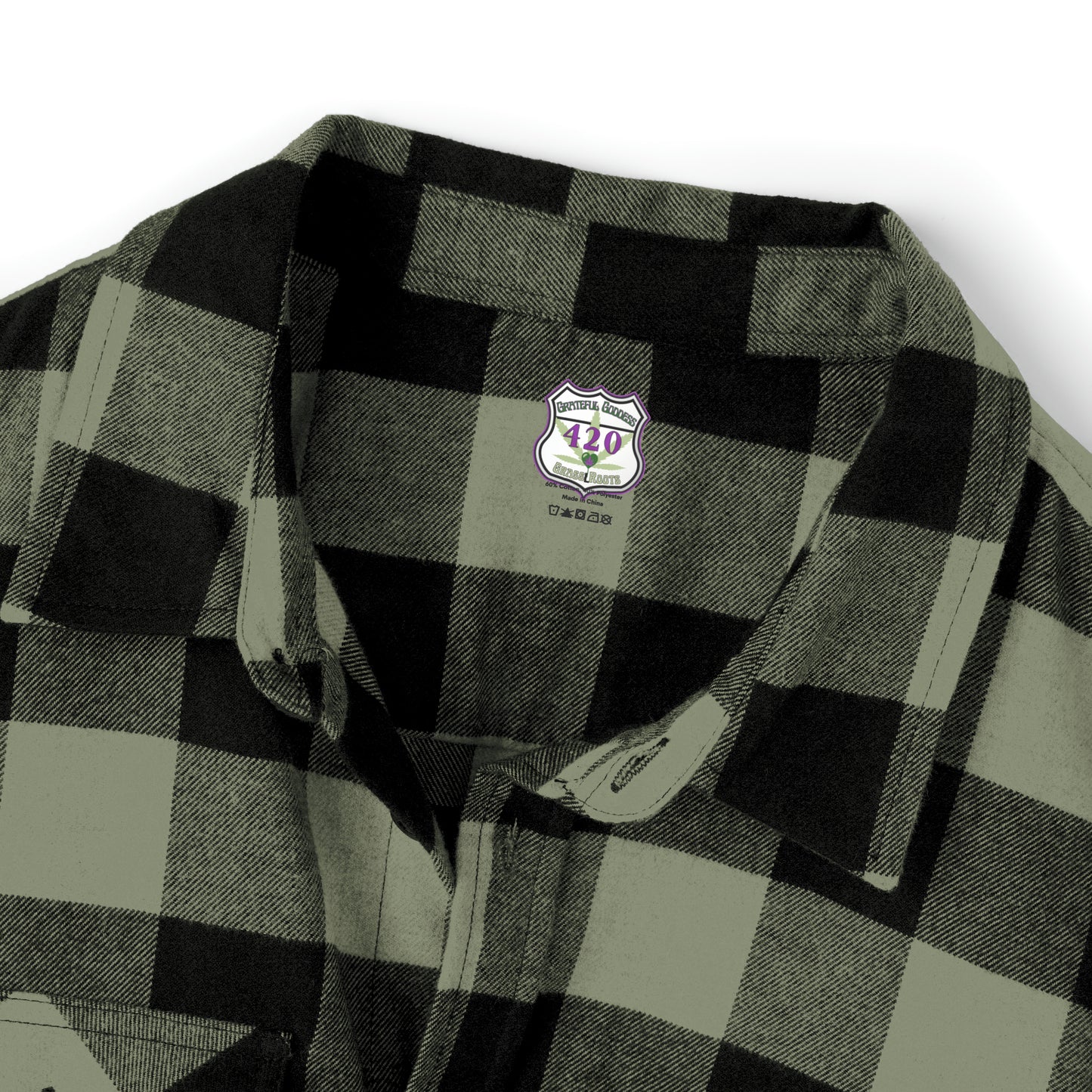 Dead Head inspired flannel shirt with bolt on front pocket and Garcia Rosebud on back, rock n roll classic