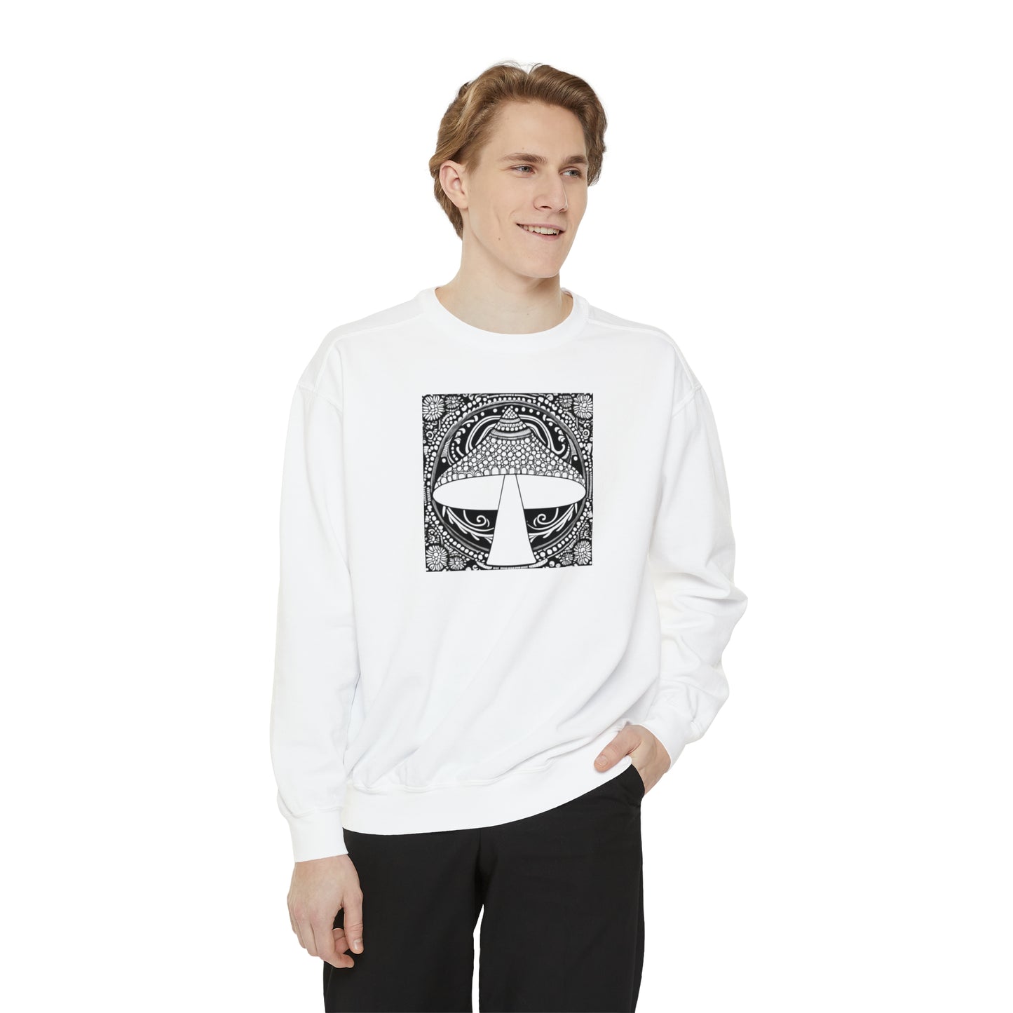Magic mushroom psychedelic Unisex Garment-Dyed Sweatshirt cotton blend Feed your head song lyric quote on back - long sleeved trendy colors.