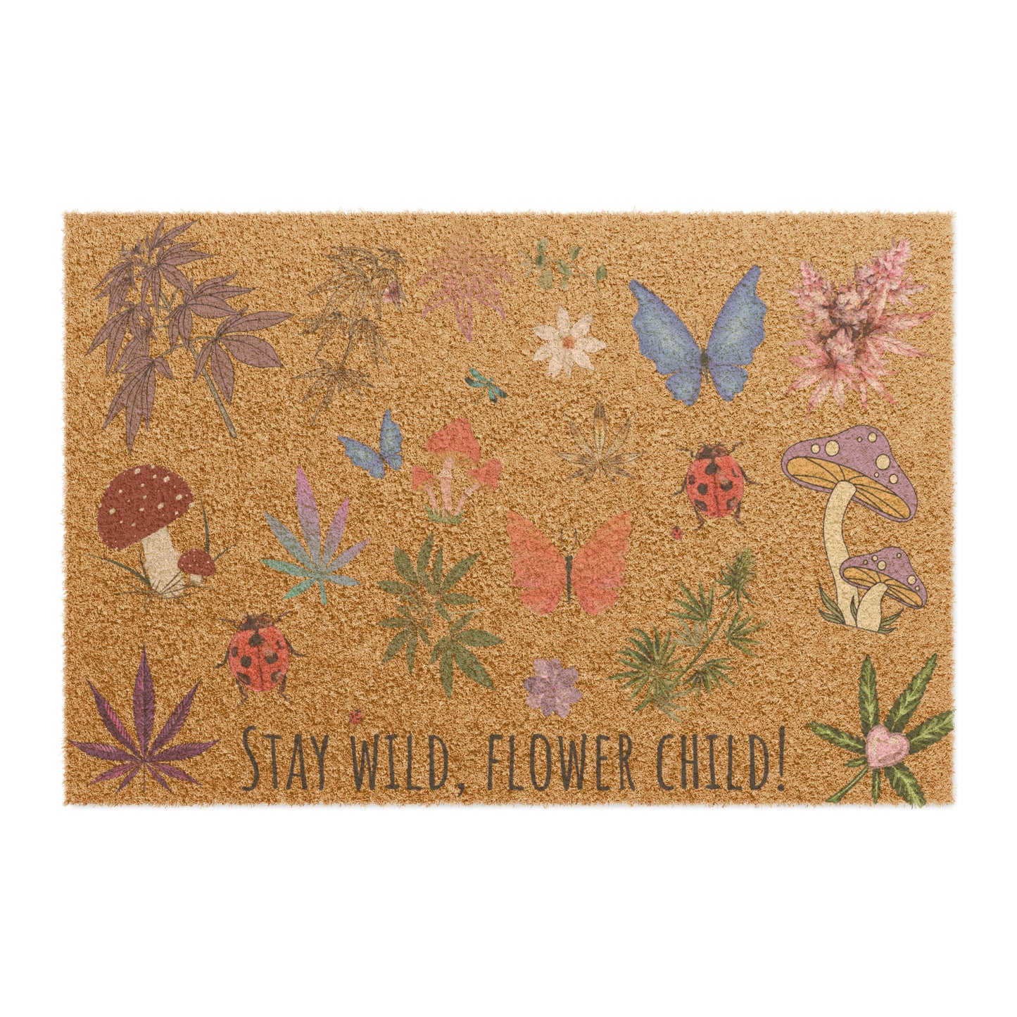 Boho mushroom dormat flower child welcome mat with cannabis and butterflies