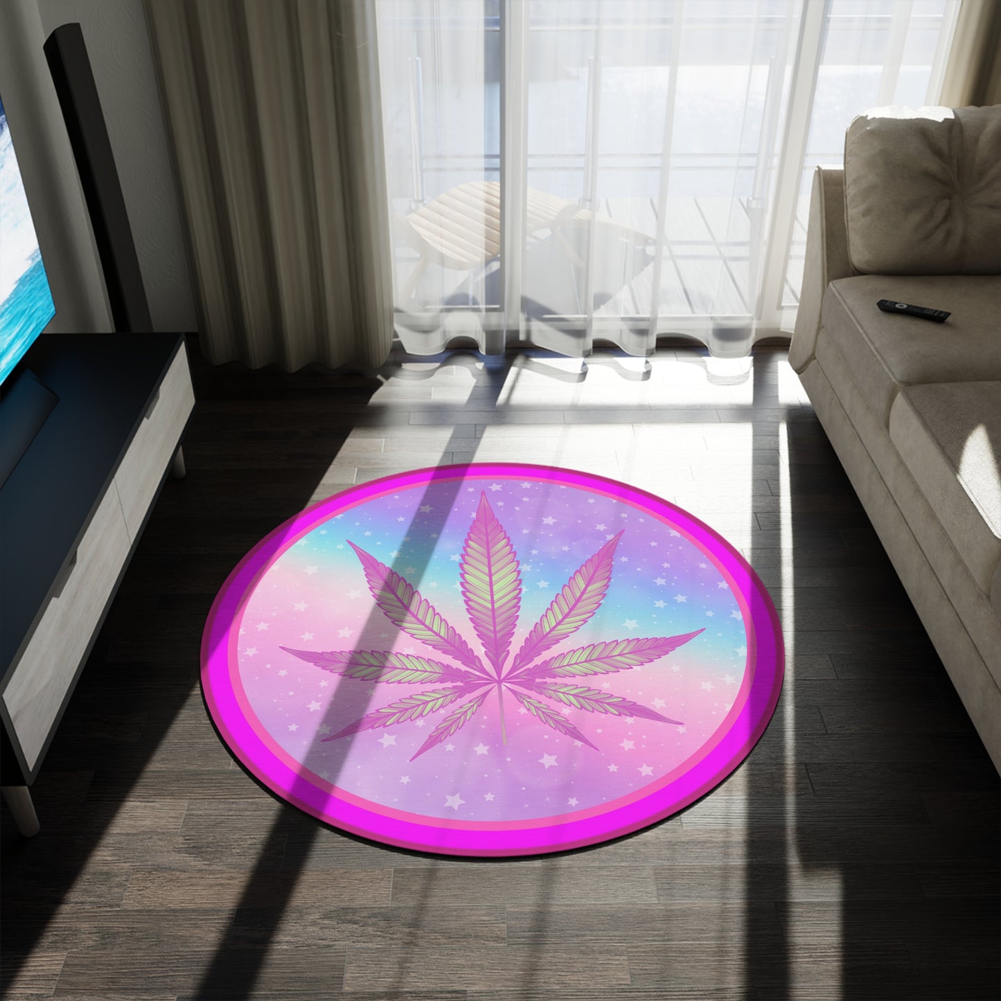 Candycore decor 420 cannabis couture round rug- boho home decor - eclectic stars and cannabis pastel pink rug
