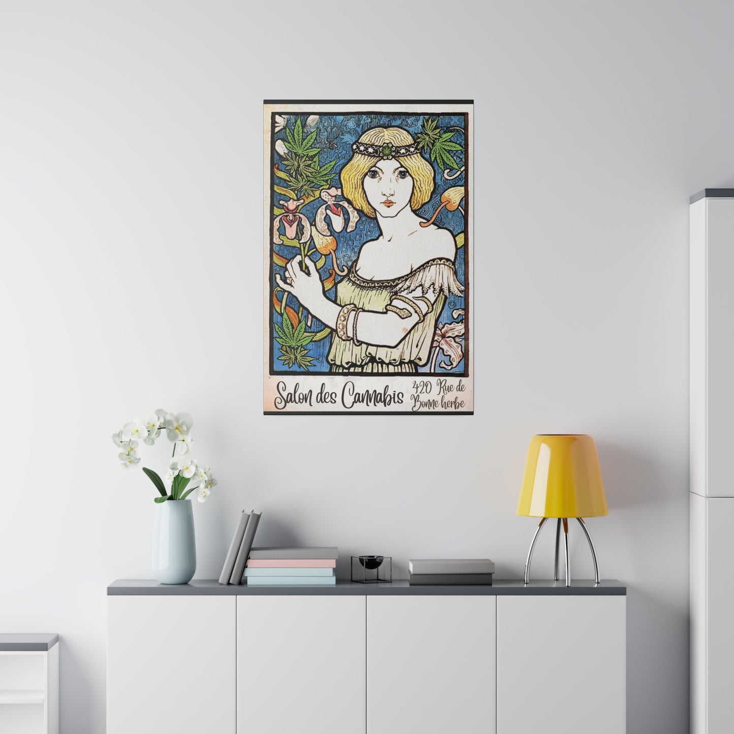 Vintage French Art nouveau 420 cannabis goddess matte stretched canvas dispensary lounge art