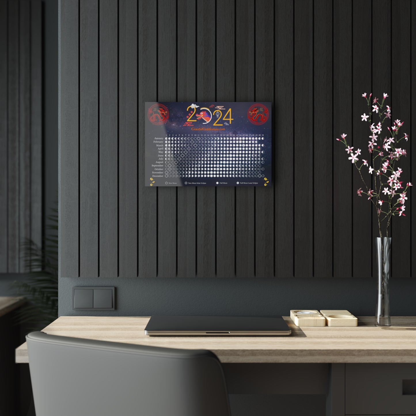 2024 Year of the dragon moon phase calendar Acrylic Prints wall art