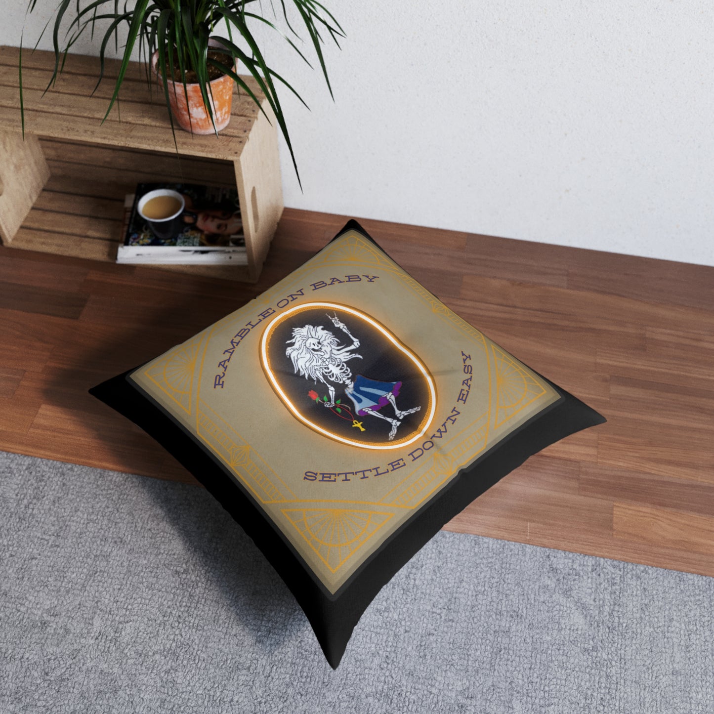 Grateful Dead song lyrics Ramble on Rose Rosebud square tufted floor pillow, dead head home decor
