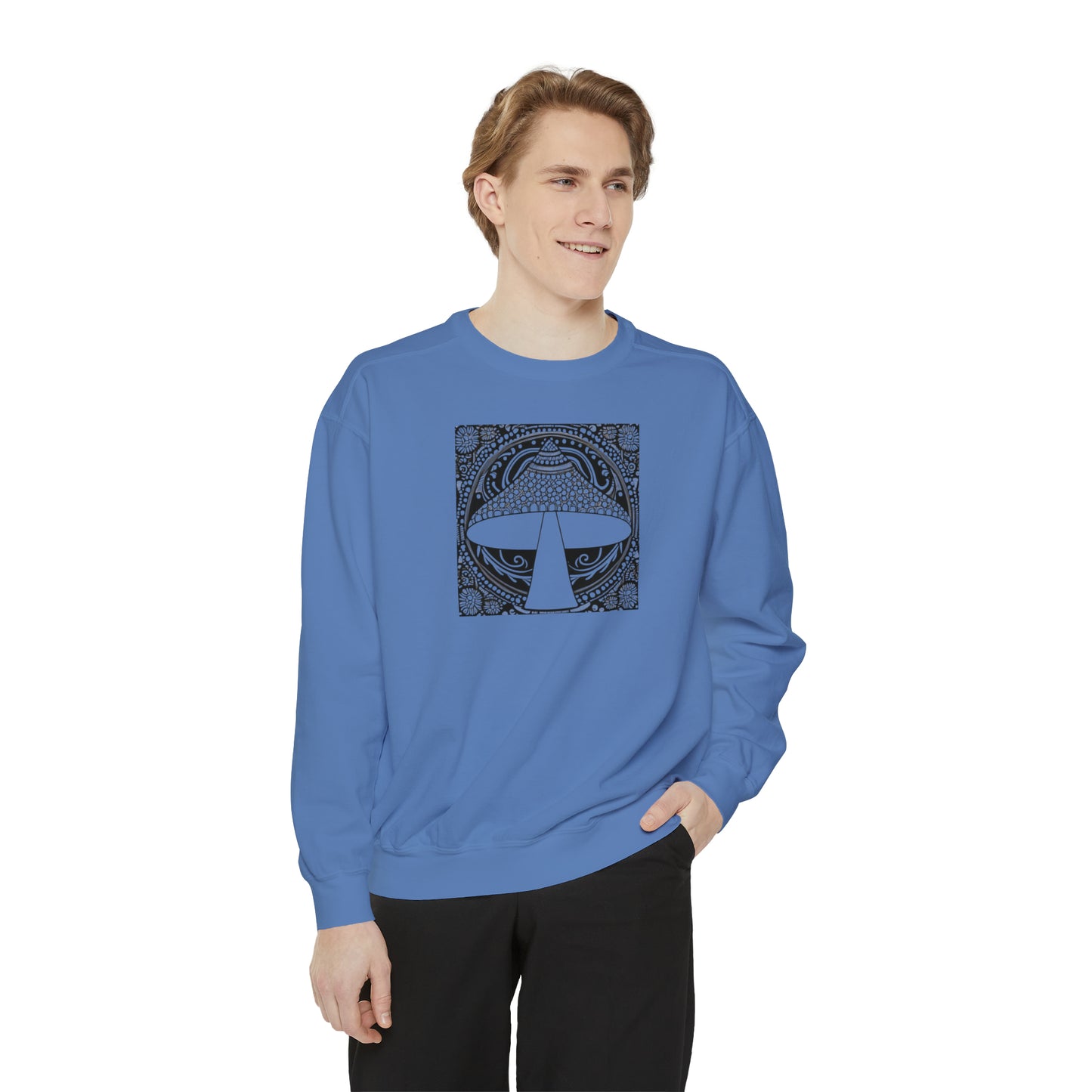 Magic mushroom psychedelic Unisex Garment-Dyed Sweatshirt cotton blend Feed your head song lyric quote on back - long sleeved trendy colors.