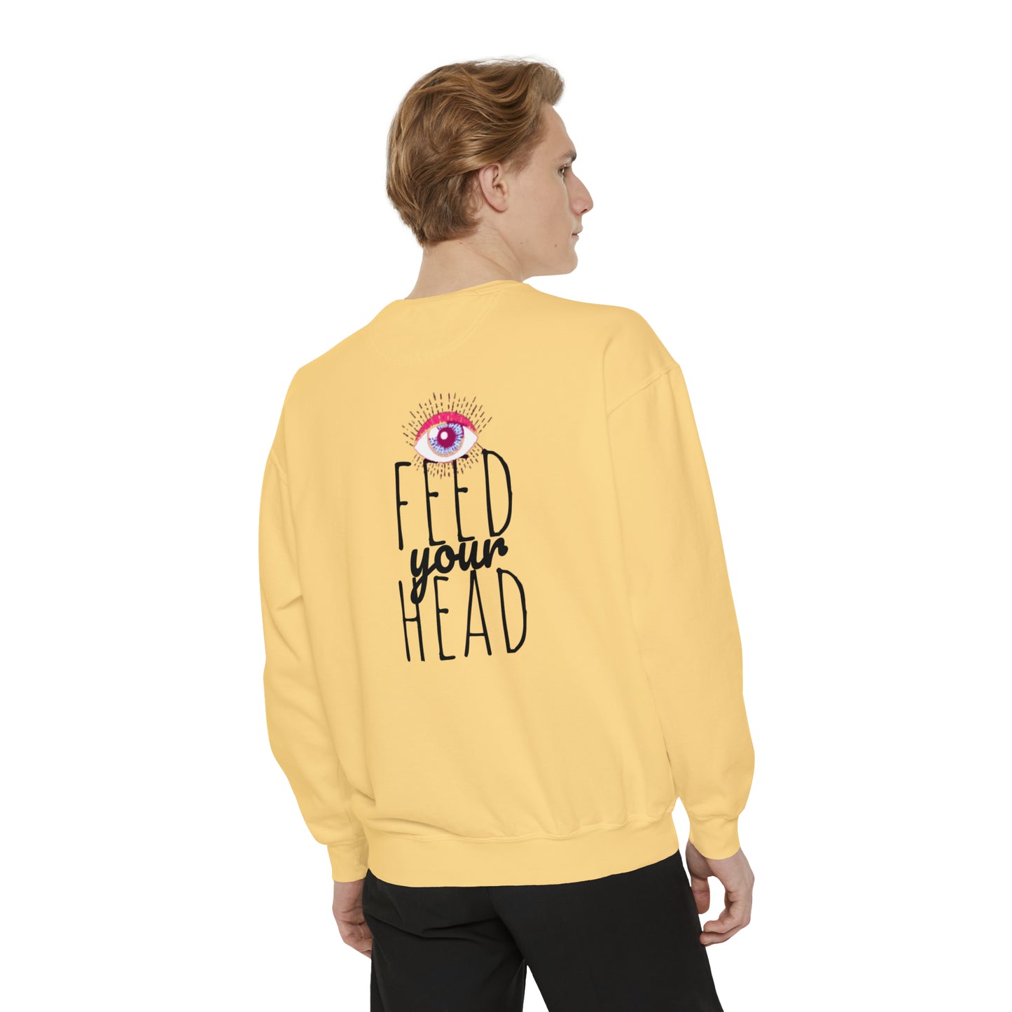 Magic mushroom psychedelic Unisex Garment-Dyed Sweatshirt cotton blend Feed your head song lyric quote on back - long sleeved trendy colors.