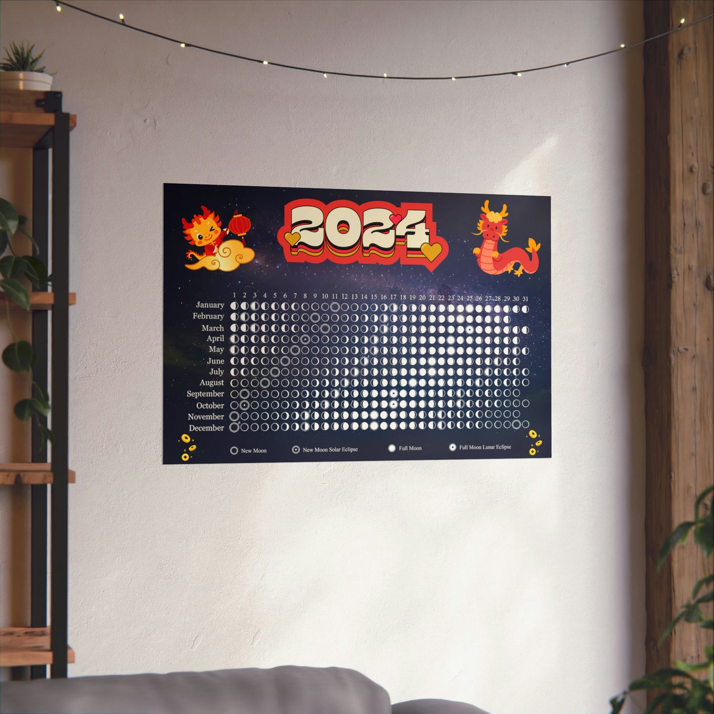 Year of the Dragon lunar moon phase calendar poster Kawaii style celestial wall art astrology retro decor