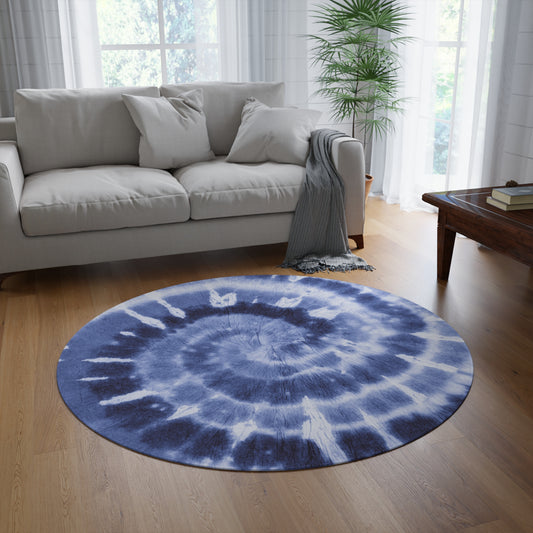 Blue tie-dye spiral round boho rug -- eclectic style home decor