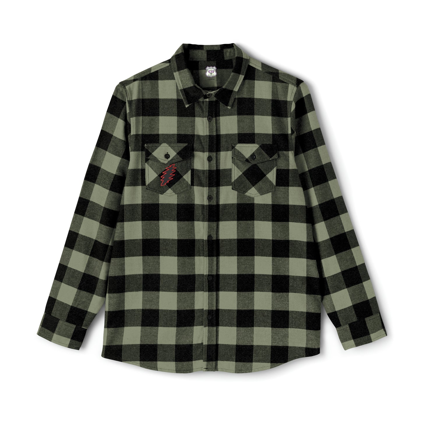 Dead Head inspired flannel shirt with bolt on front pocket and Garcia Rosebud on back, rock n roll classic