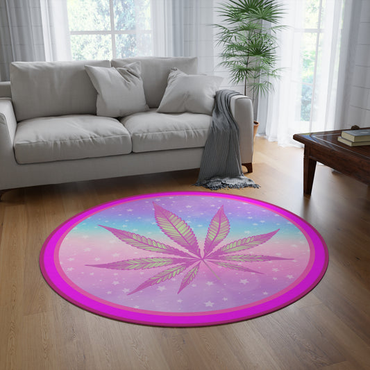 Candycore decor 420 cannabis couture round rug- boho home decor - eclectic stars and cannabis pastel pink rug