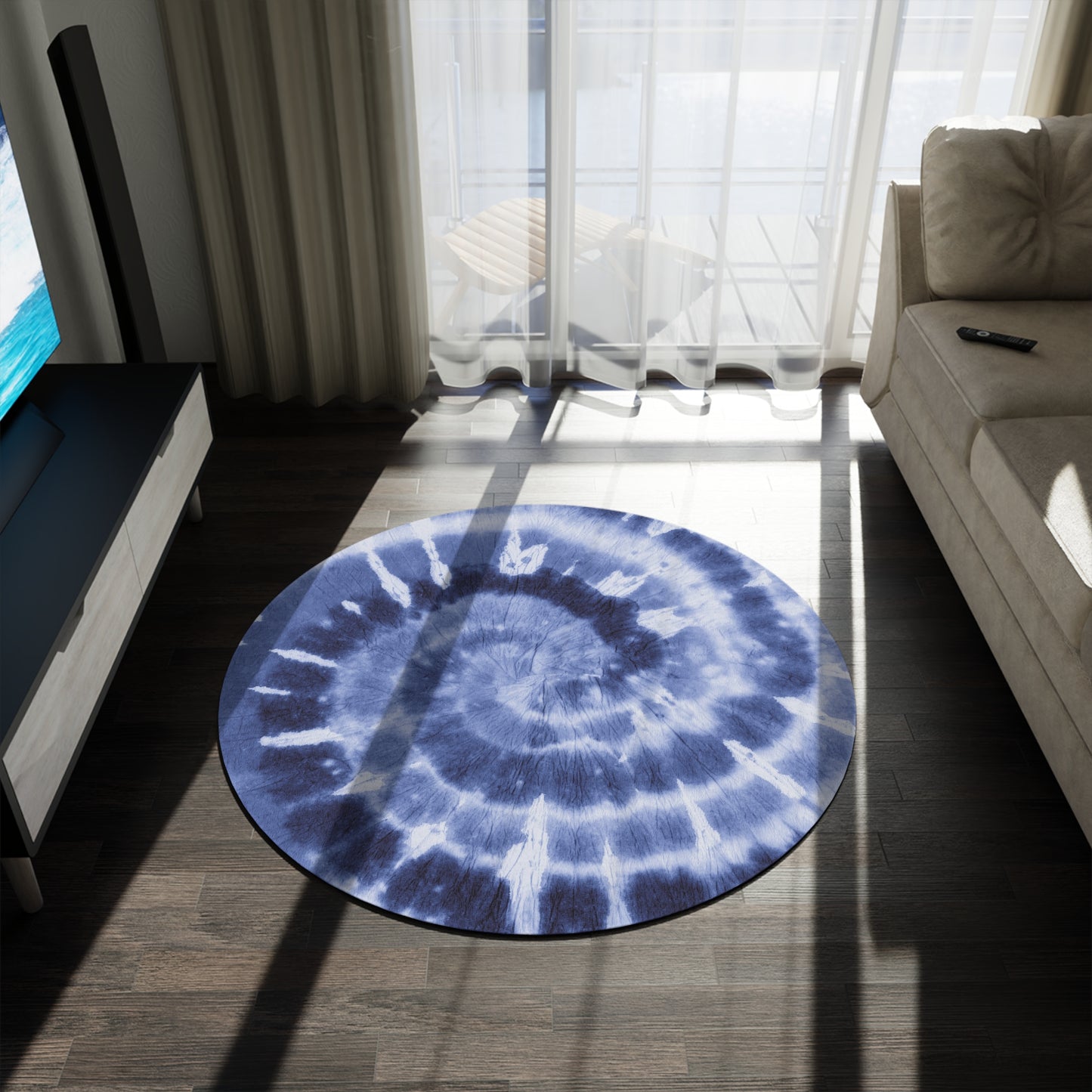 Blue tie-dye spiral round boho rug -- eclectic style home decor