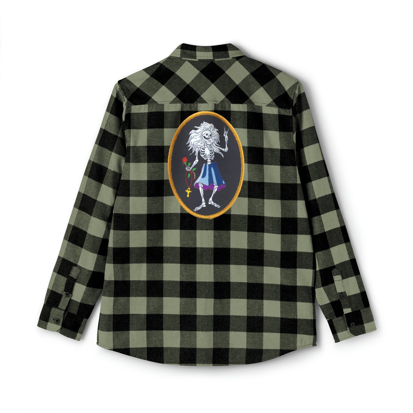 Dead Head inspired flannel shirt with bolt on front pocket and Garcia Rosebud on back, rock n roll classic