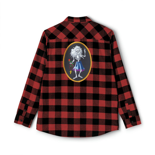 Dead Head inspired flannel shirt with bolt on front pocket and Garcia Rosebud on back, rock n roll classic