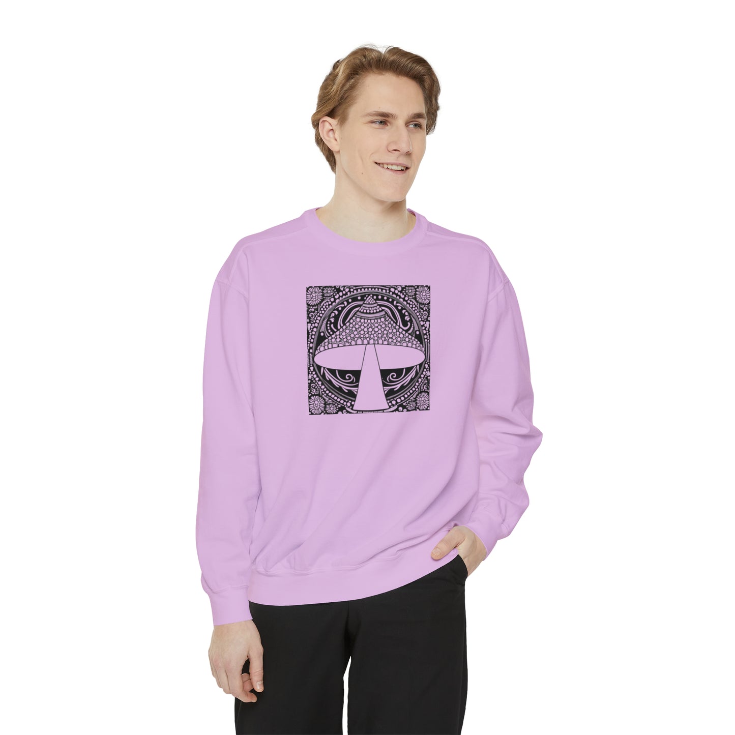 Magic mushroom psychedelic Unisex Garment-Dyed Sweatshirt cotton blend Feed your head song lyric quote on back - long sleeved trendy colors.