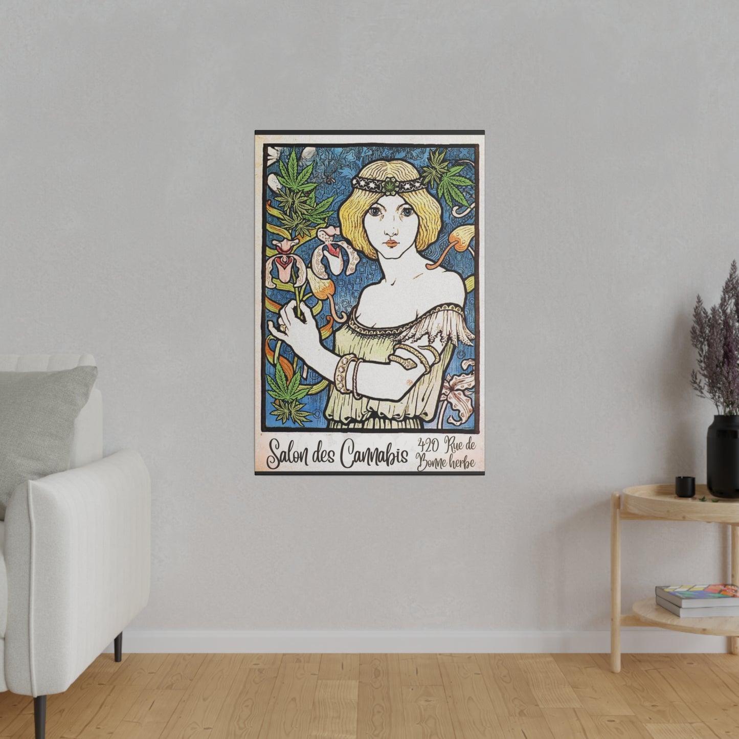 Vintage French Art nouveau 420 cannabis goddess matte stretched canvas dispensary lounge art