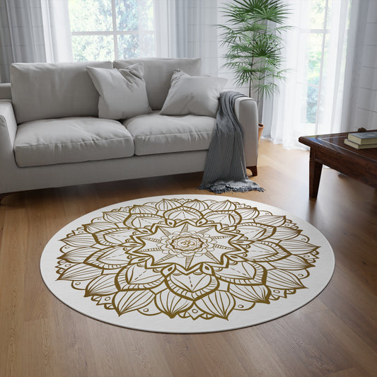 Mandala OM round boho rug - brown lotus on white rug - eclectic style, sacred geometry home decor