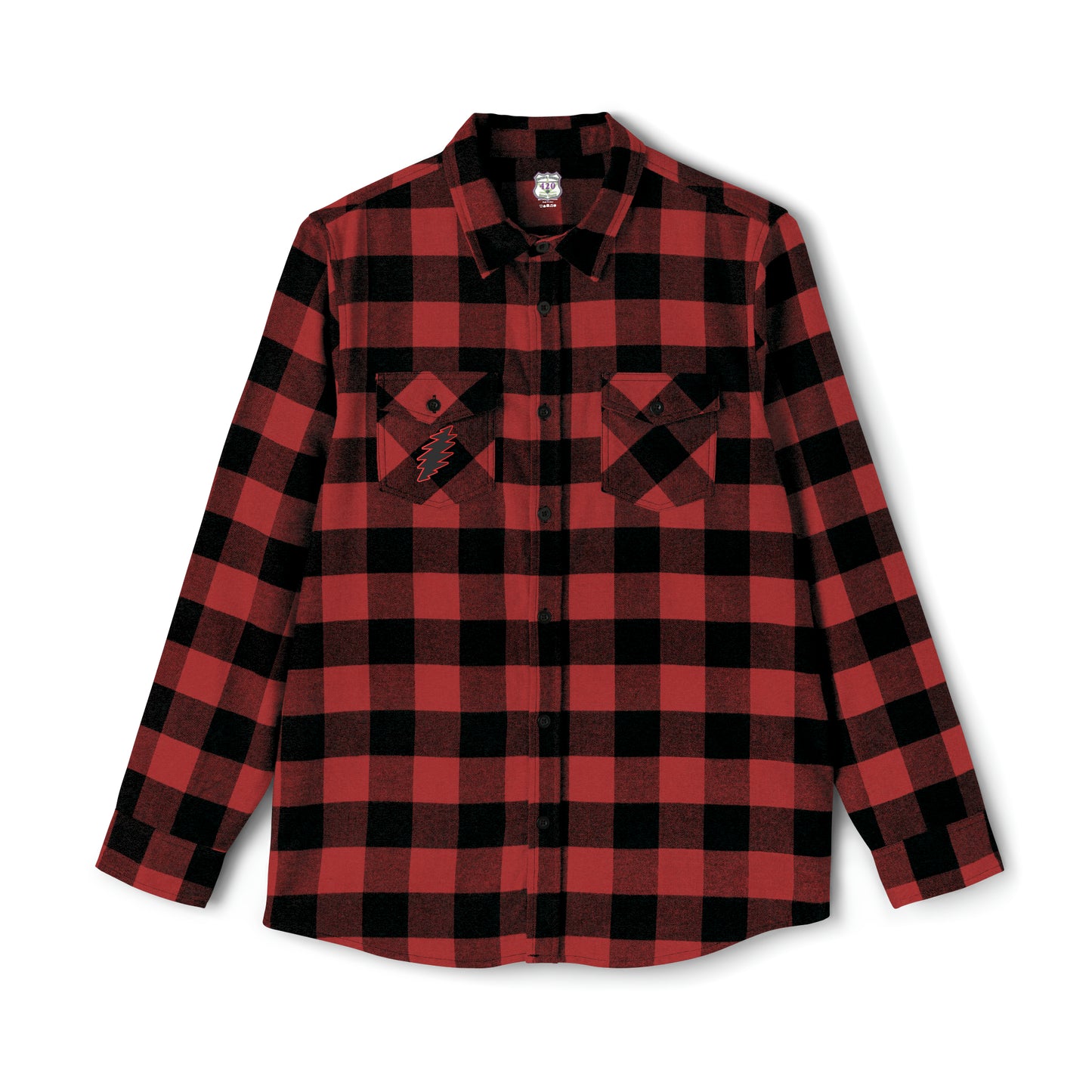 Dead Head inspired flannel shirt with bolt on front pocket and Garcia Rosebud on back, rock n roll classic