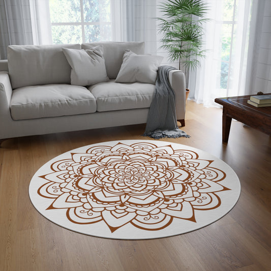 Mandala round boho rug - brown lotus on white rug - eclectic style, sacred geometry home decor