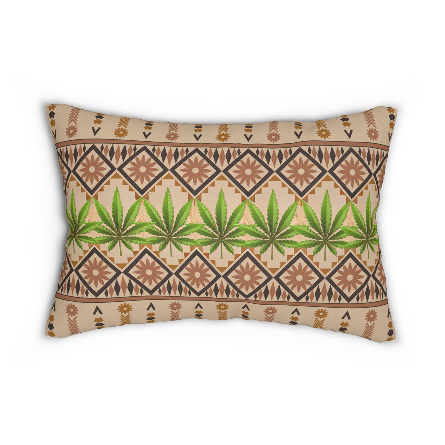 Cannabis leaf batik boho style lumbar pillow in neutral tones for 420 high end hippie homes