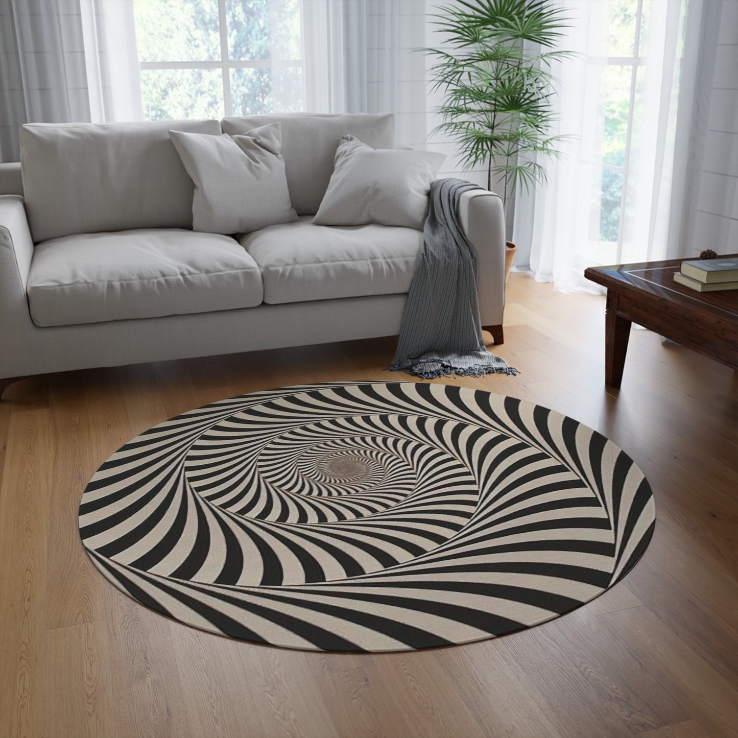 Psychedelic rug round spiral black and white optical illusion eclectic trippy decor