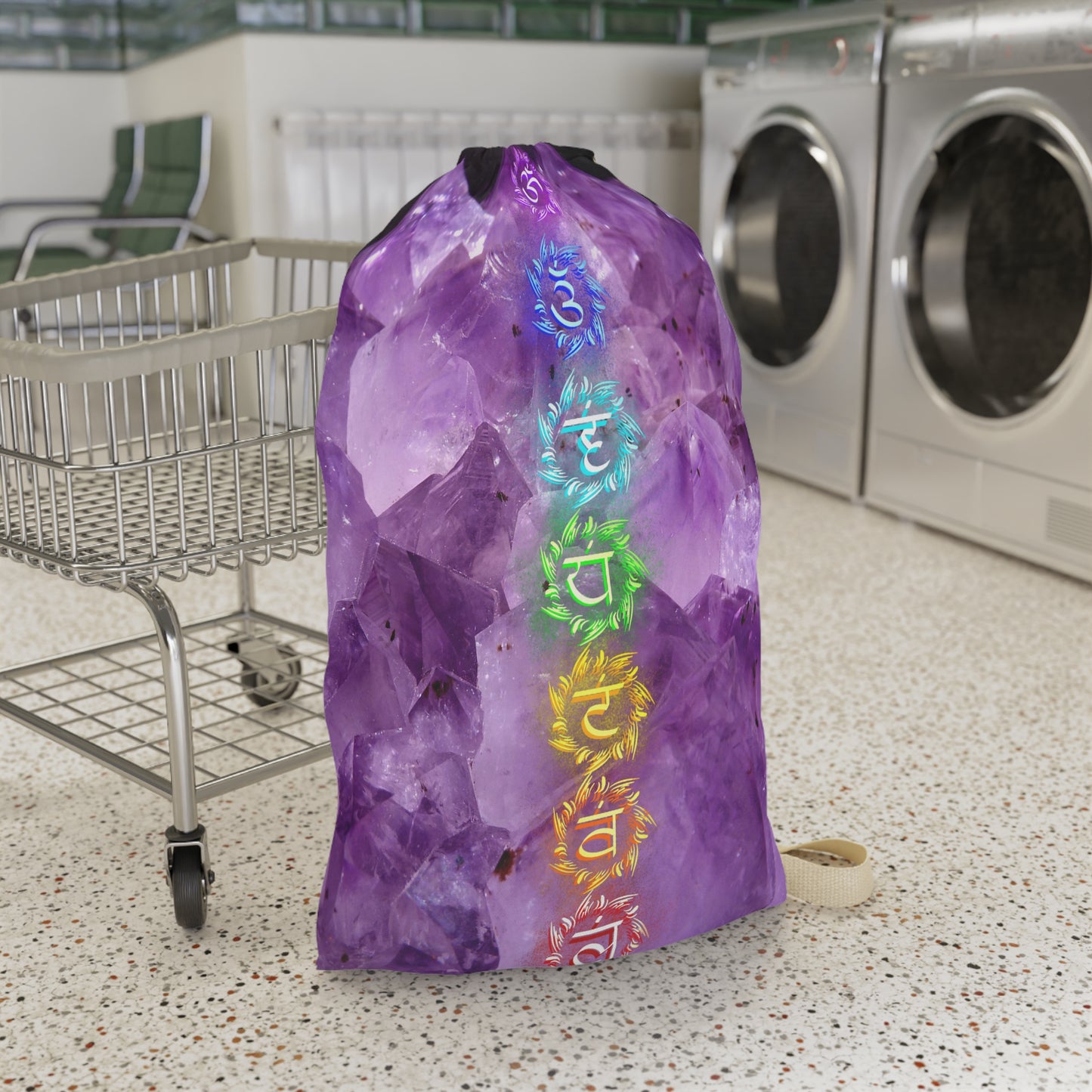 Boho Chic Laundry Bag: 7 Chakras & Amethyst crystal print yogi hippie style for crystal collectors