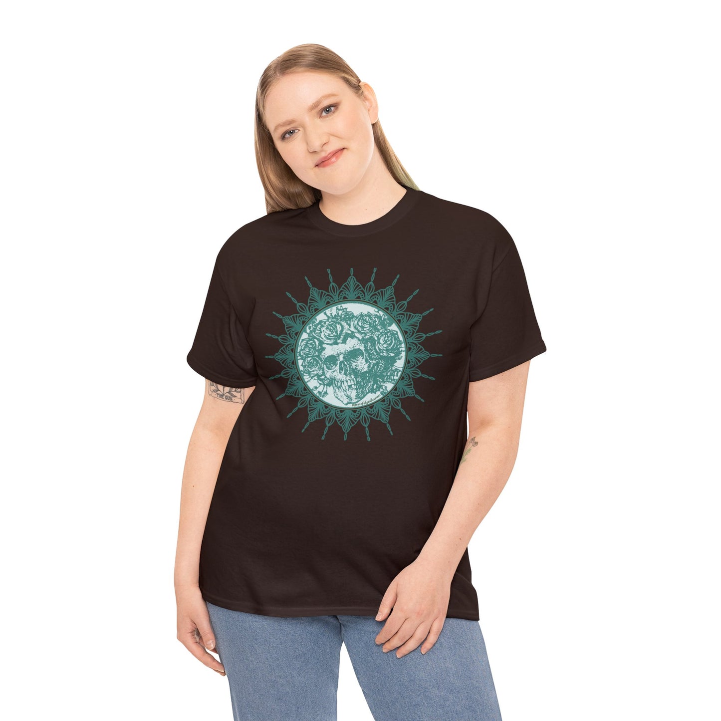 Green Grateful Dead inspired skull and roses mandala tshirt