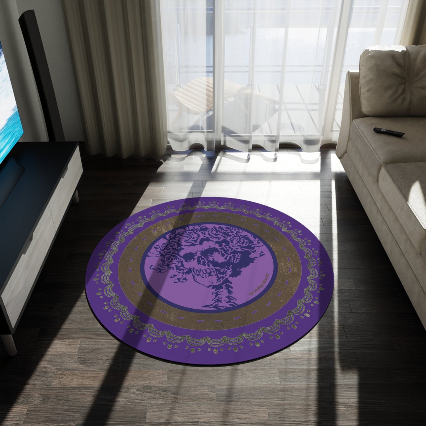 Grateful Dead home decor round rug rustic purple and brown Bertha style mandala rug