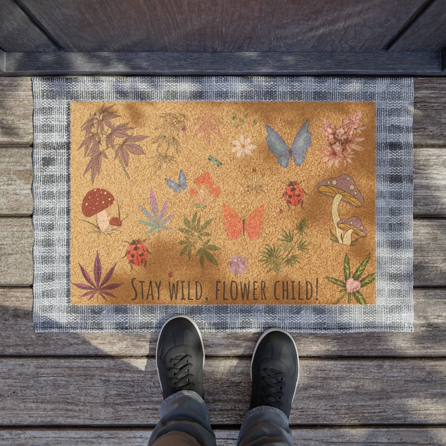 Boho mushroom dormat flower child welcome mat with cannabis and butterflies