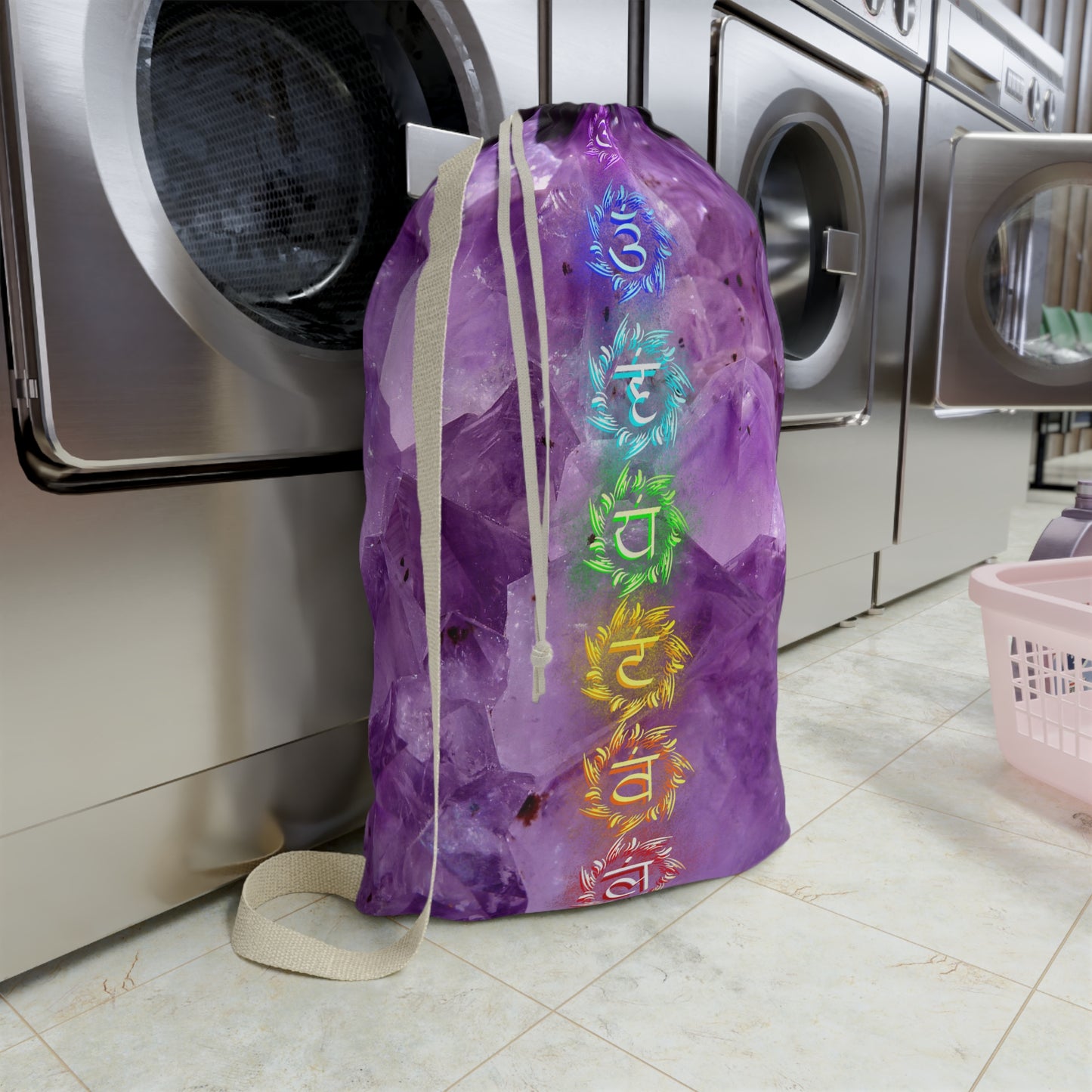 Boho Chic Laundry Bag: 7 Chakras & Amethyst crystal print yogi hippie style for crystal collectors