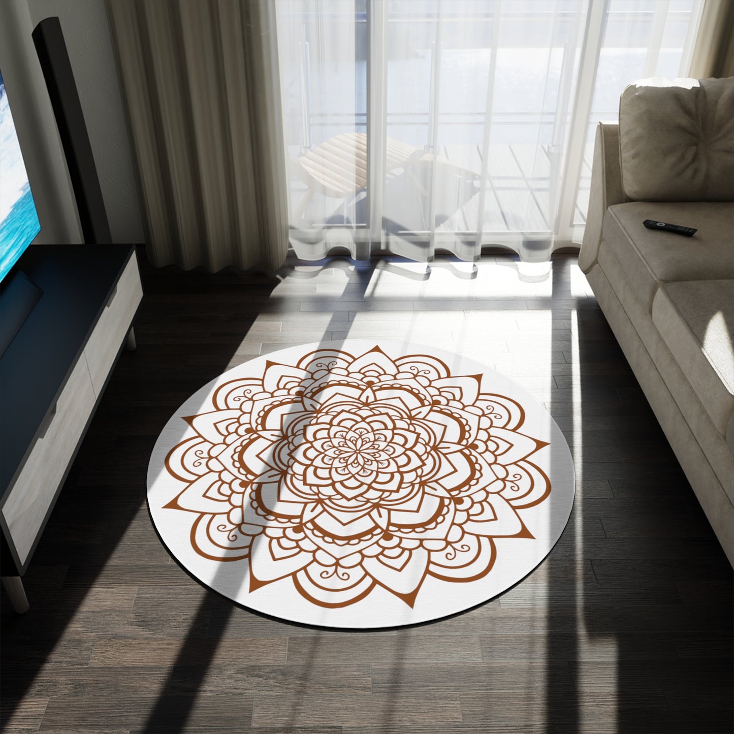 Mandala round boho rug - brown lotus on white rug - eclectic style, sacred geometry home decor