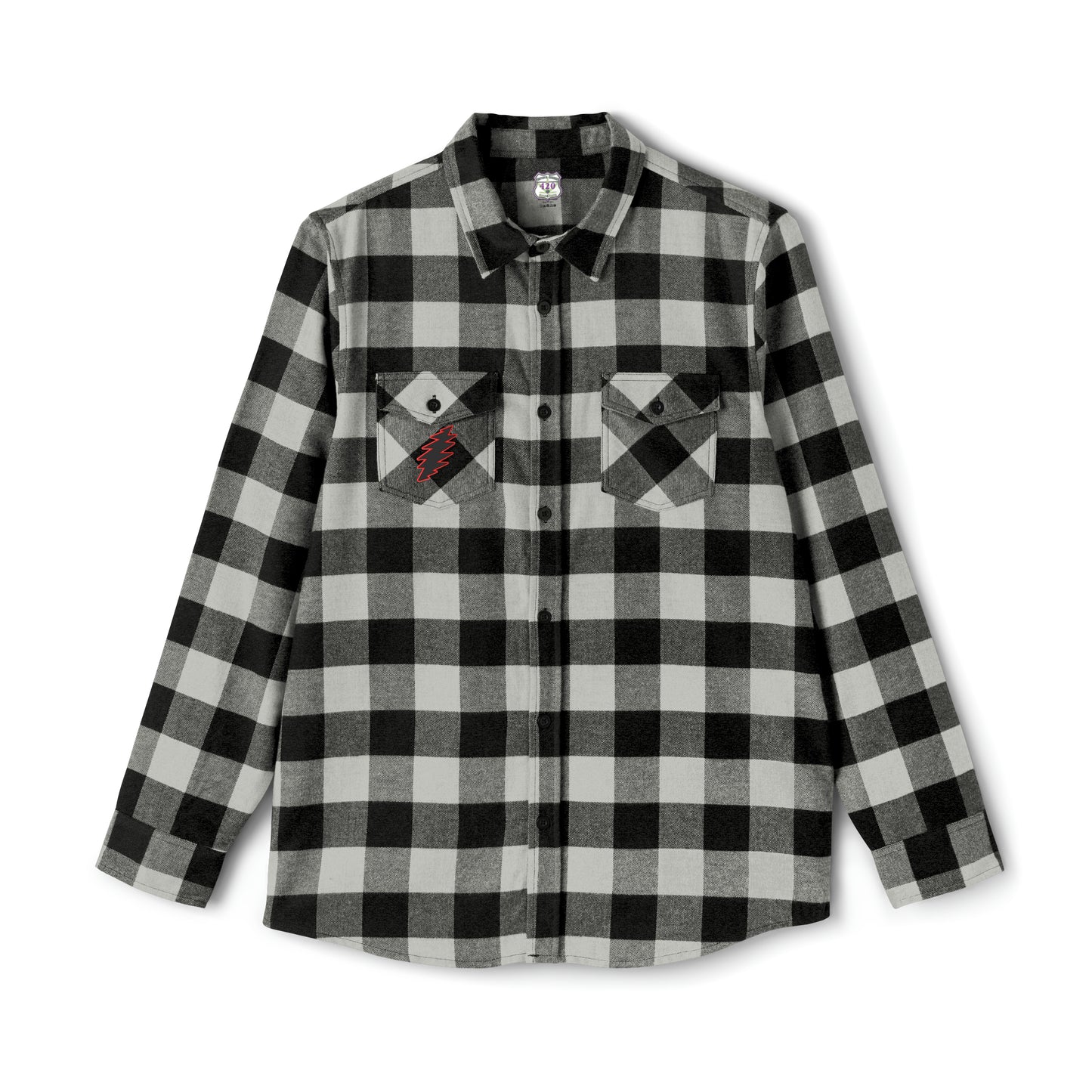 Dead Head inspired flannel shirt with bolt on front pocket and Garcia Rosebud on back, rock n roll classic